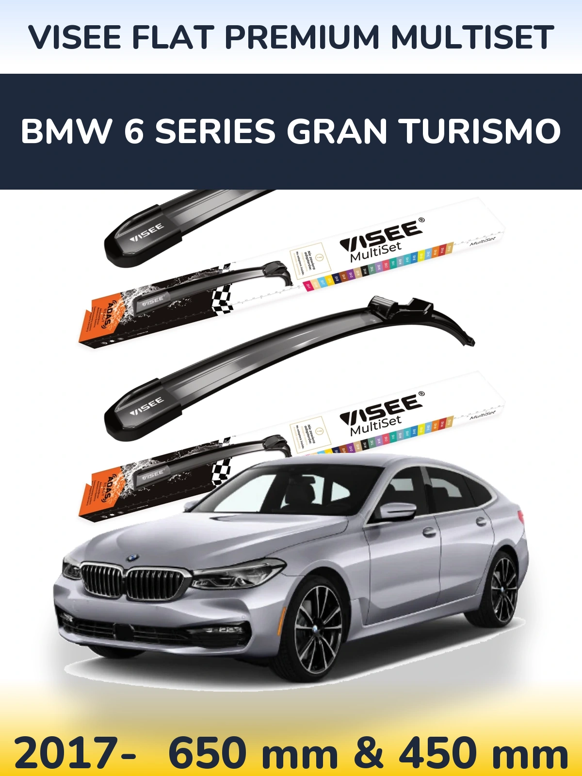 Комплект передних дворников VISEE FLAT PREMIUM MultiSet 650 & 450 мм для BMW 6 Series Gran Turismo 2017-2026