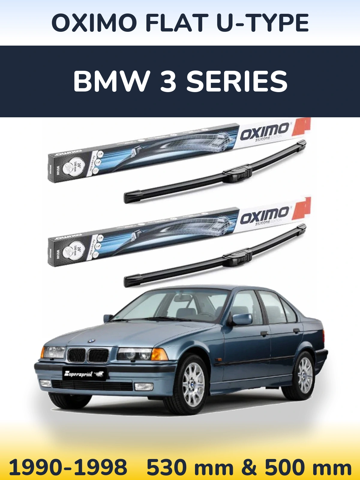 Front wiper blade set Oximo Flat U-type 530 & 500 mm for BMW 3 Series 1990-1998