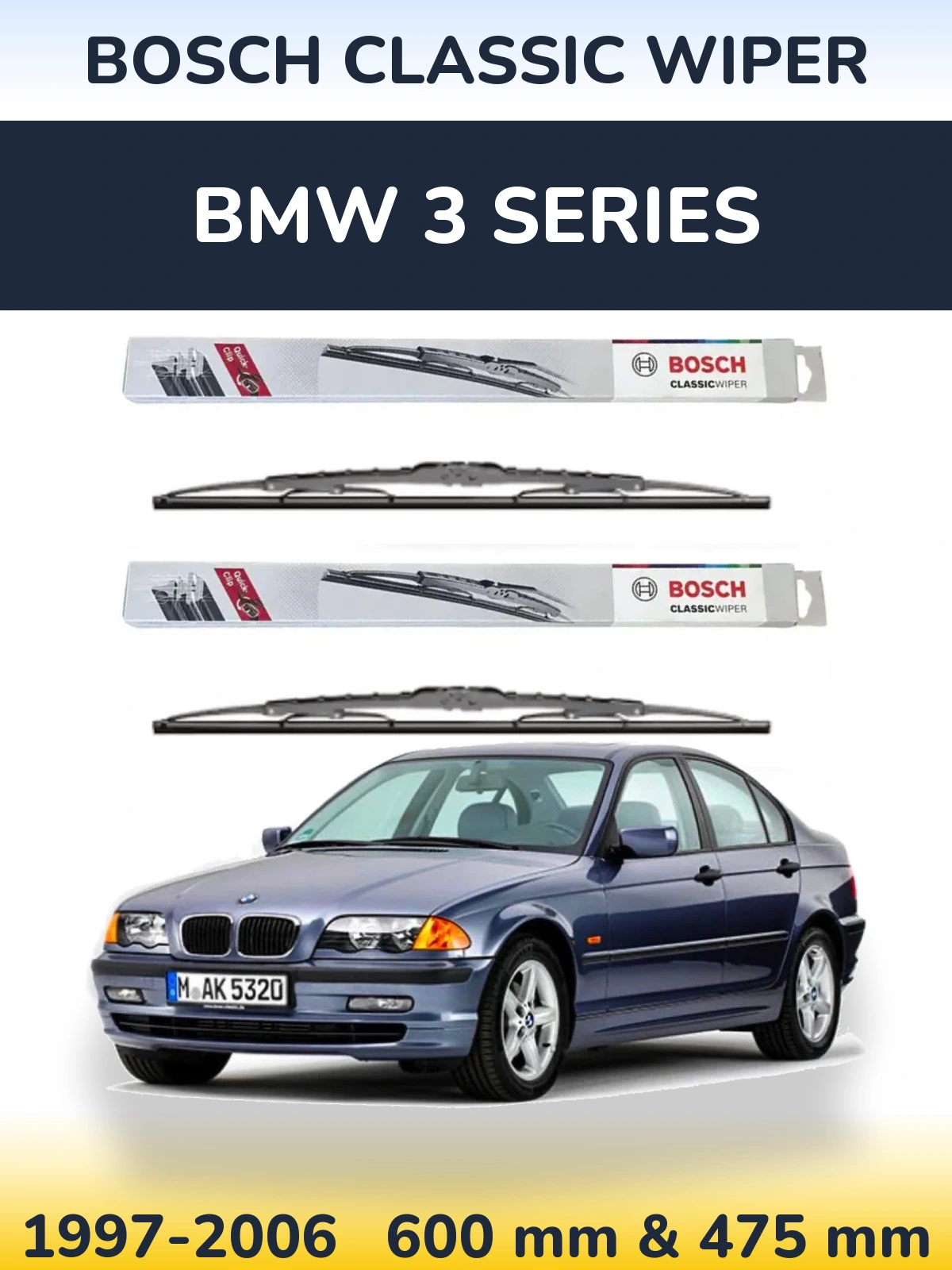 Front wiper blade set BOSCH Classic Wiper 600 & 475 mm for BMW 3 Series 1997-2006