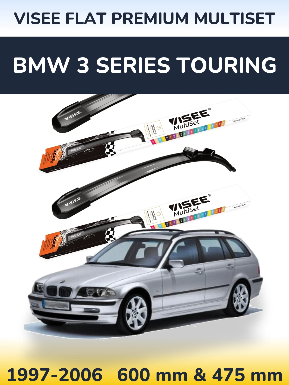 Комплект передніх щіток VISEE FLAT PREMIUM MultiSet 600 & 475 мм для BMW 3 Series Touring 1997-2006