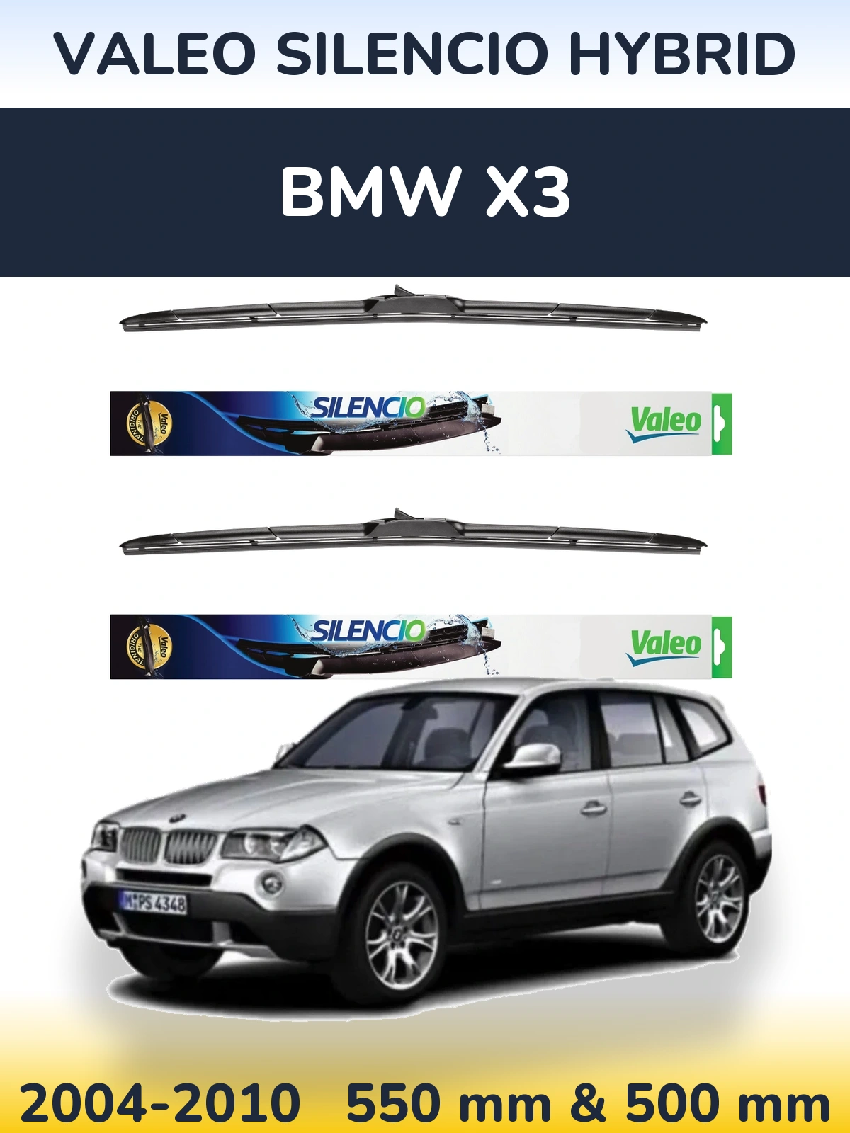 Front wiper blade set Valeo Silencio Hybrid 550 & 500 mm for BMW X3 2004-2010