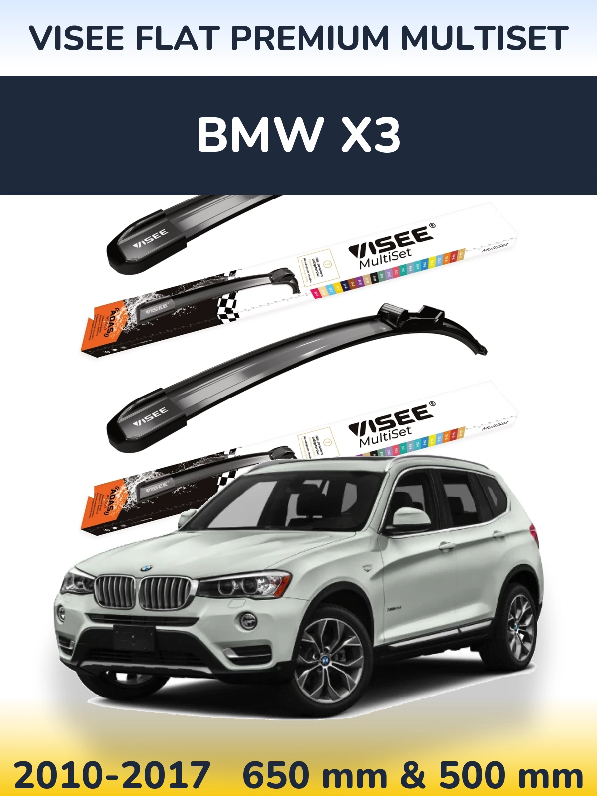 Komplet przednich wycieraczek VISEE FLAT PREMIUM MultiSet 650 & 500 mm do BMW X3 2010-2017