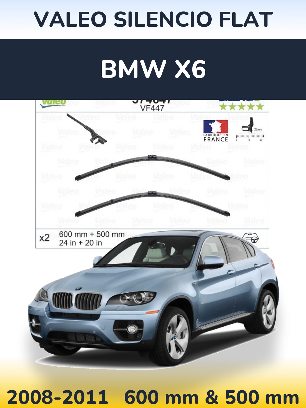 Комплект передніх щіток Valeo Silencio Flat 600 & 500 мм для BMW X6 2008-2011