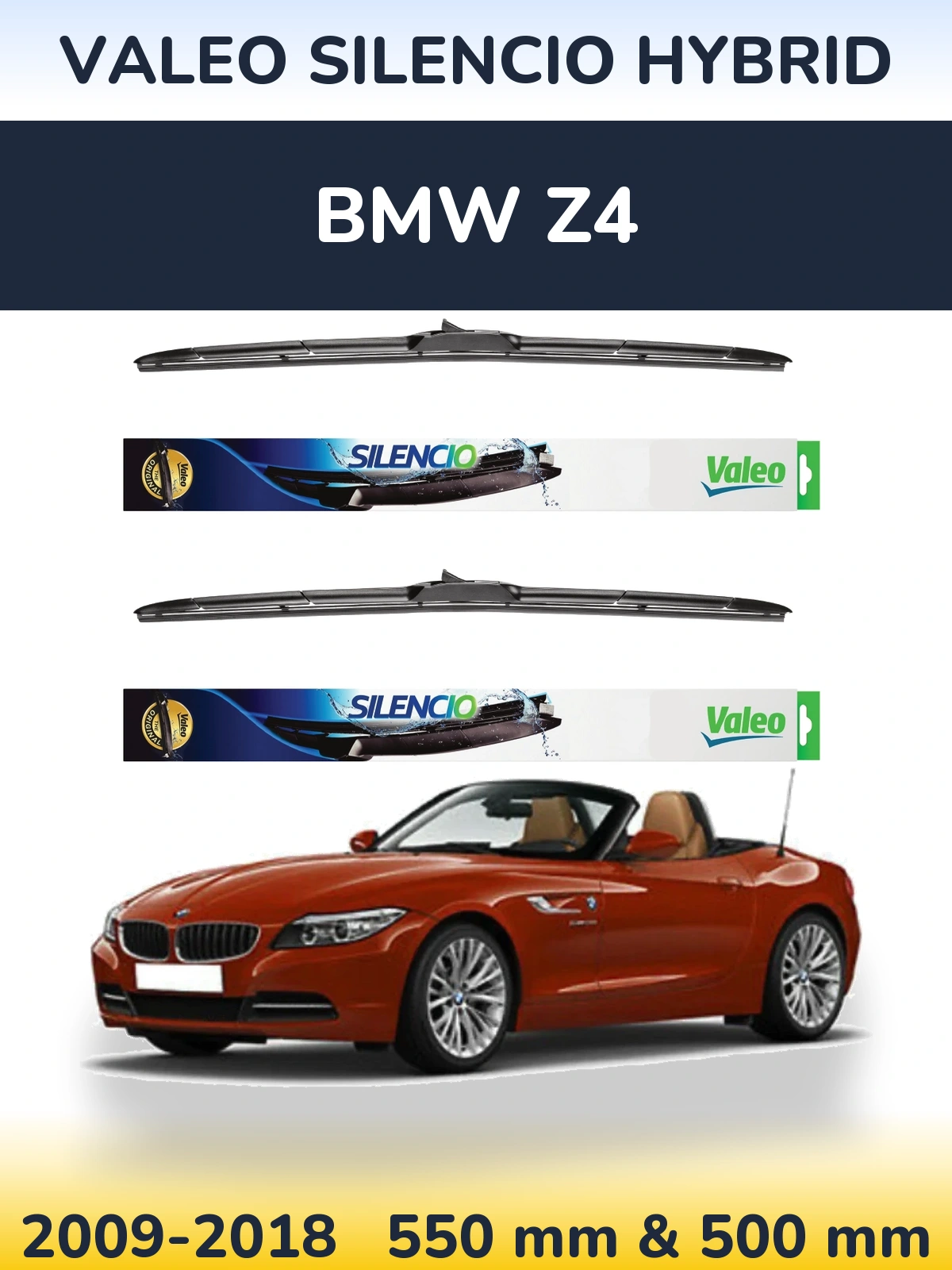 Front wiper blade set Valeo Silencio Hybrid 550 & 500 mm for BMW Z4 2009-2018