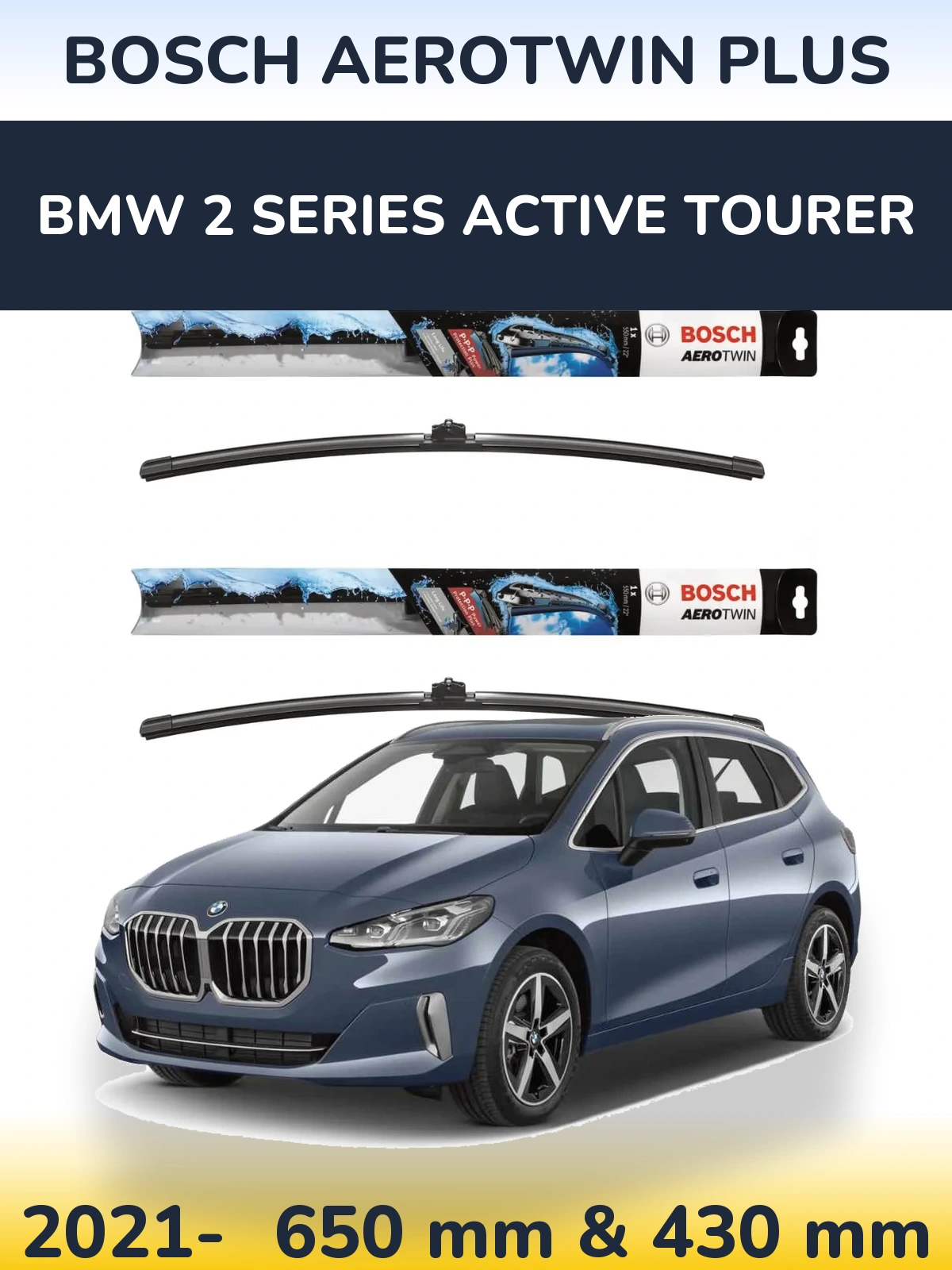 Комплект передніх щіток BOSCH AeroTwin Plus 650 & 430 мм для BMW 2 Series Active Tourer 2021-2026