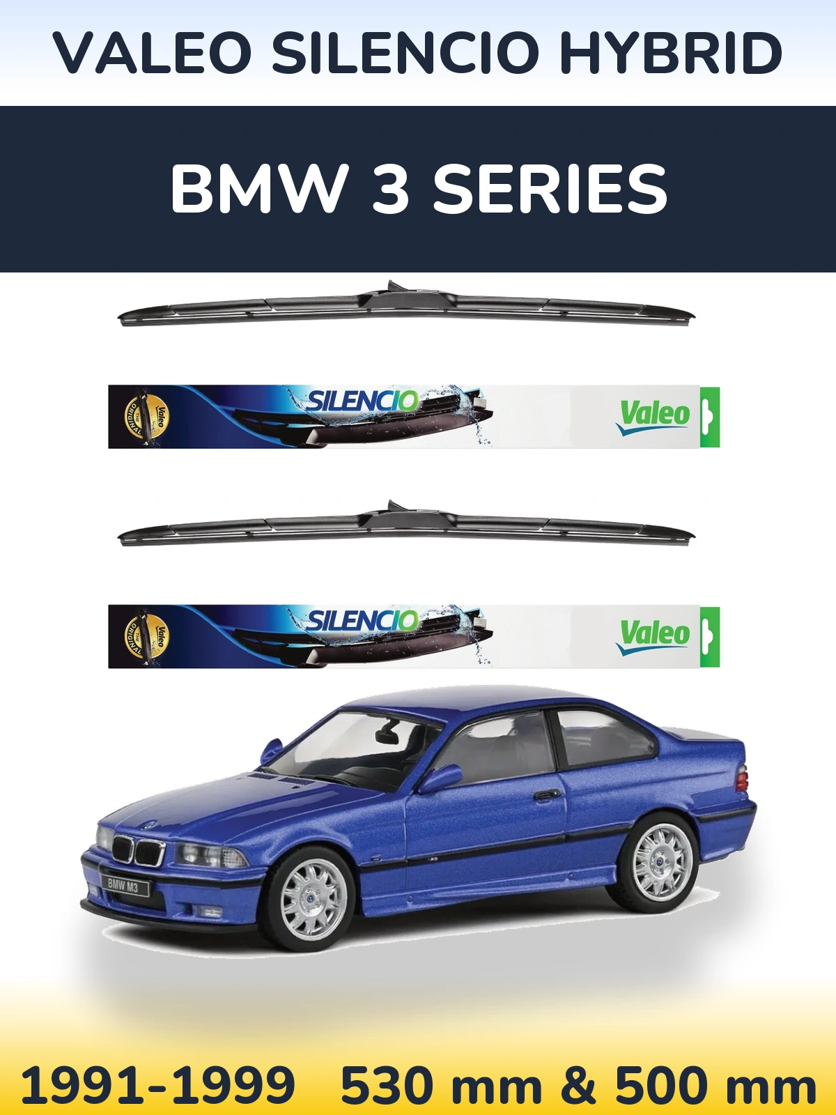 Front wiper blade set Valeo Silencio Hybrid 530 & 500 mm for BMW 3 Series 1991-1999