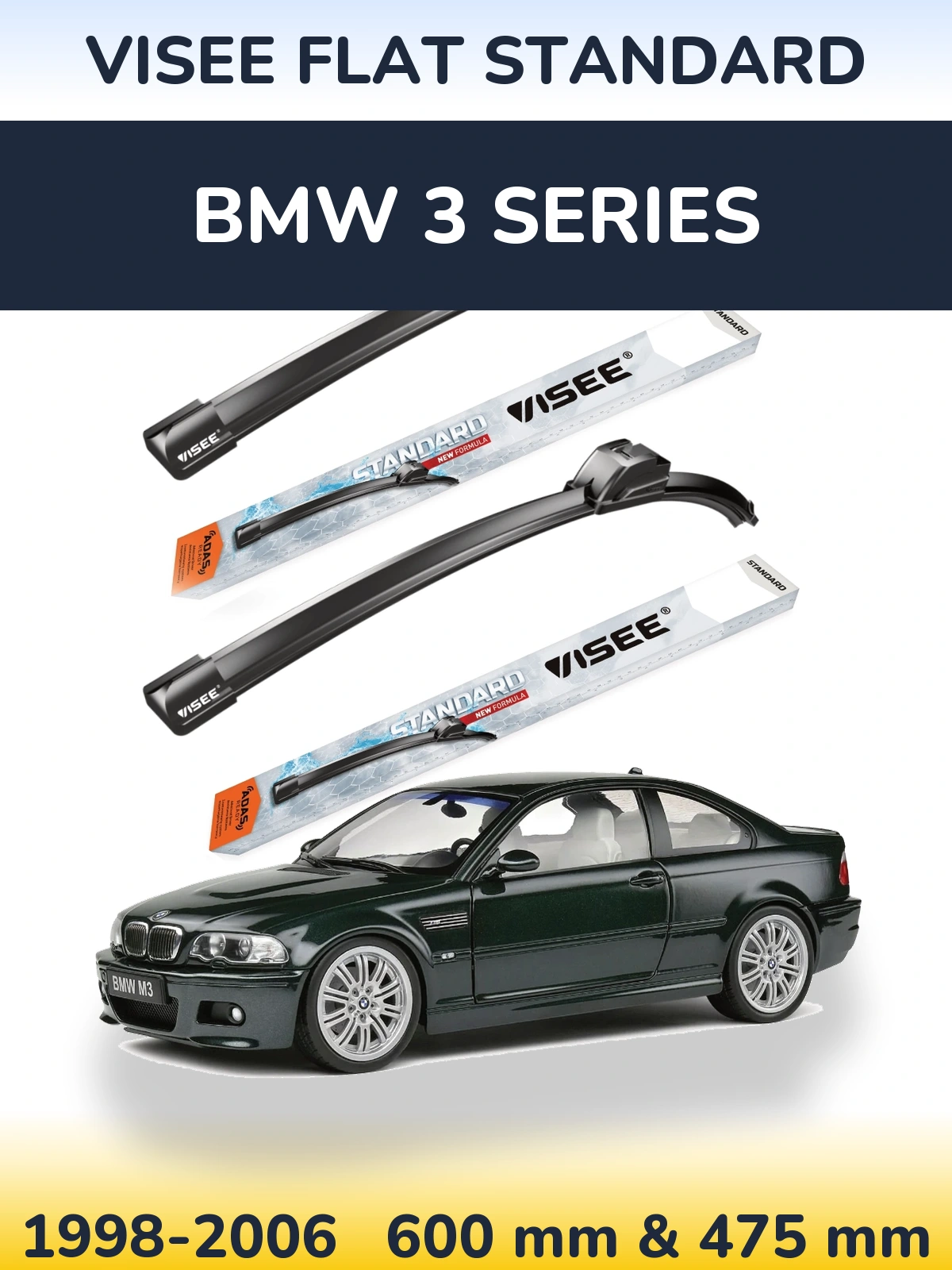 Front wiper blade set VISEE FLAT STANDARD 600 & 475 mm for BMW 3 Series 1998-2006