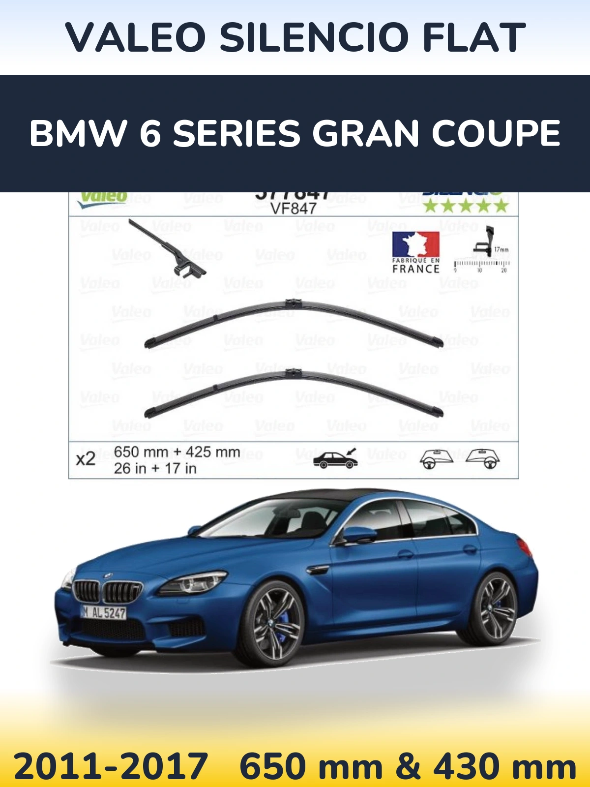 Комплект передніх щіток Valeo Silencio Flat 650 & 430 мм для BMW 6 Series Gran Coupe 2011-2017