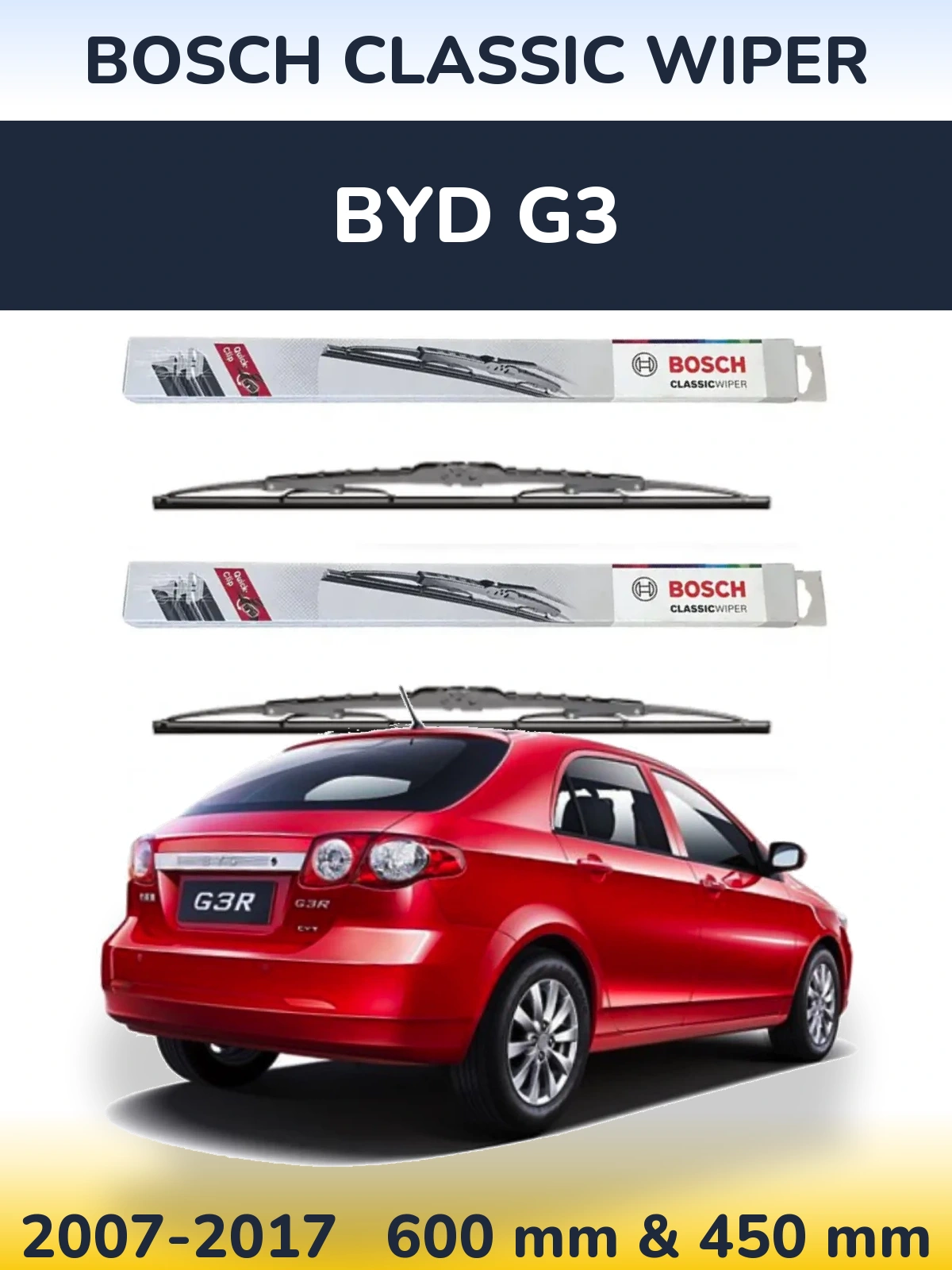 Комплект передних дворников BOSCH Classic Wiper 600 & 450 мм для BYD G3 2007-2017
