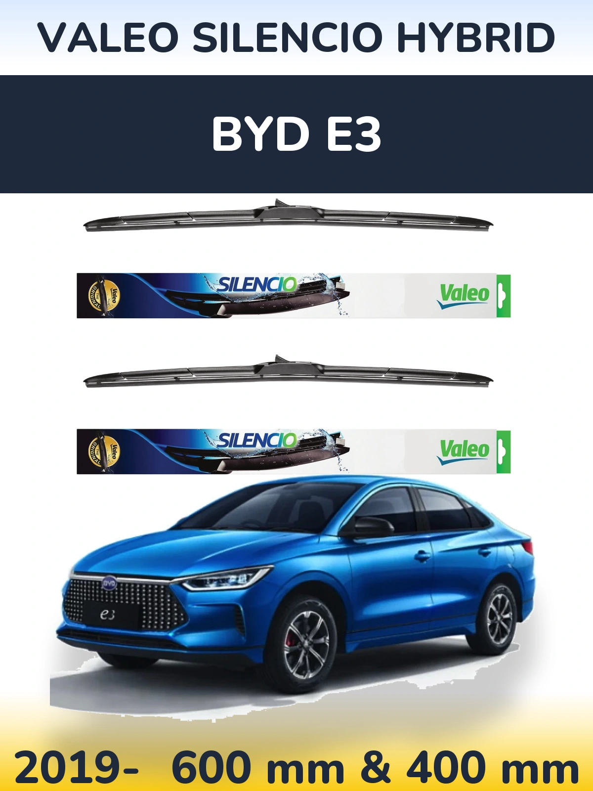 Front wiper blade set Valeo Silencio Hybrid 600 & 400 mm for BYD E3 2019-2026