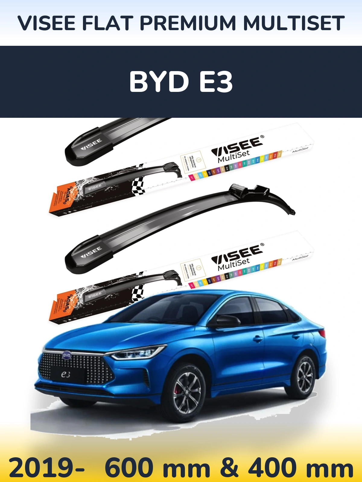Komplet przednich wycieraczek VISEE FLAT PREMIUM MultiSet 600 & 400 mm do BYD E3 2019-2026