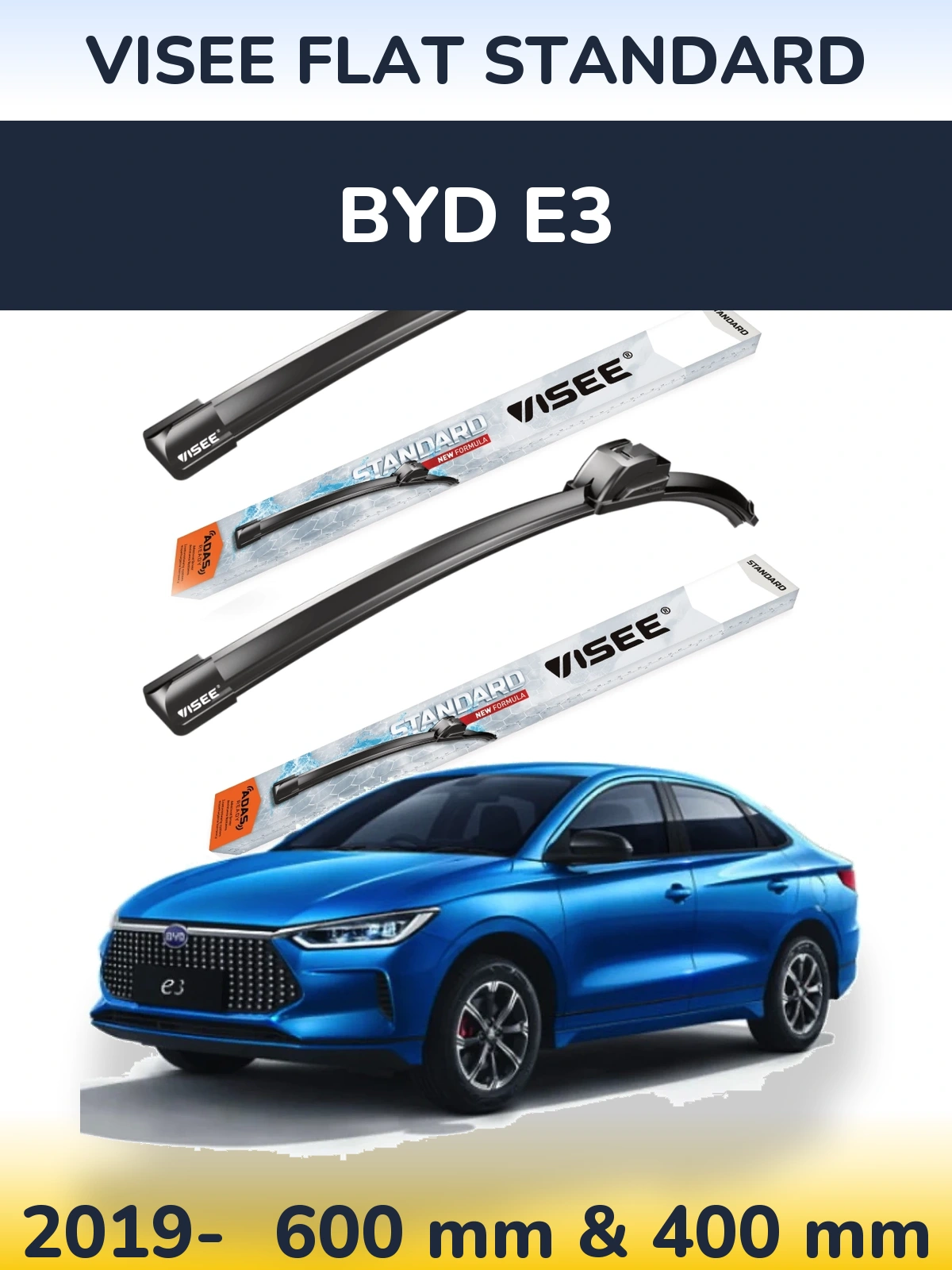 Komplet przednich wycieraczek VISEE FLAT STANDARD 600 & 400 mm do BYD E3 2019-2026