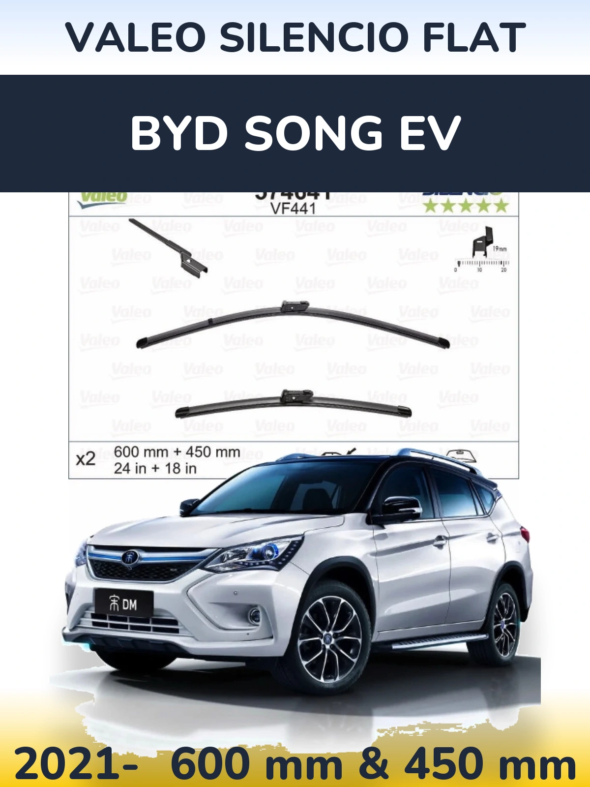 Komplet przednich wycieraczek Valeo Silencio Flat 600 & 450 mm do BYD Song EV 2021-2026