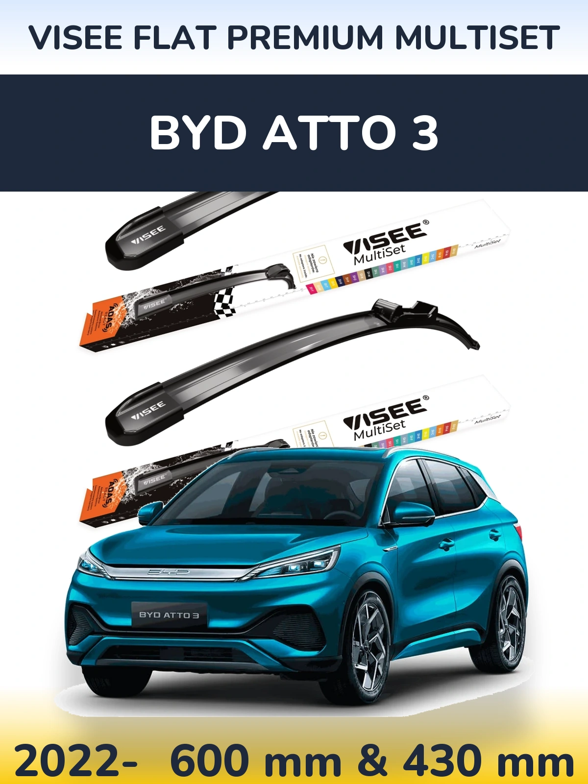 Комплект передніх щіток VISEE FLAT PREMIUM MultiSet 600 & 430 мм для BYD Atto 3 2022-2026