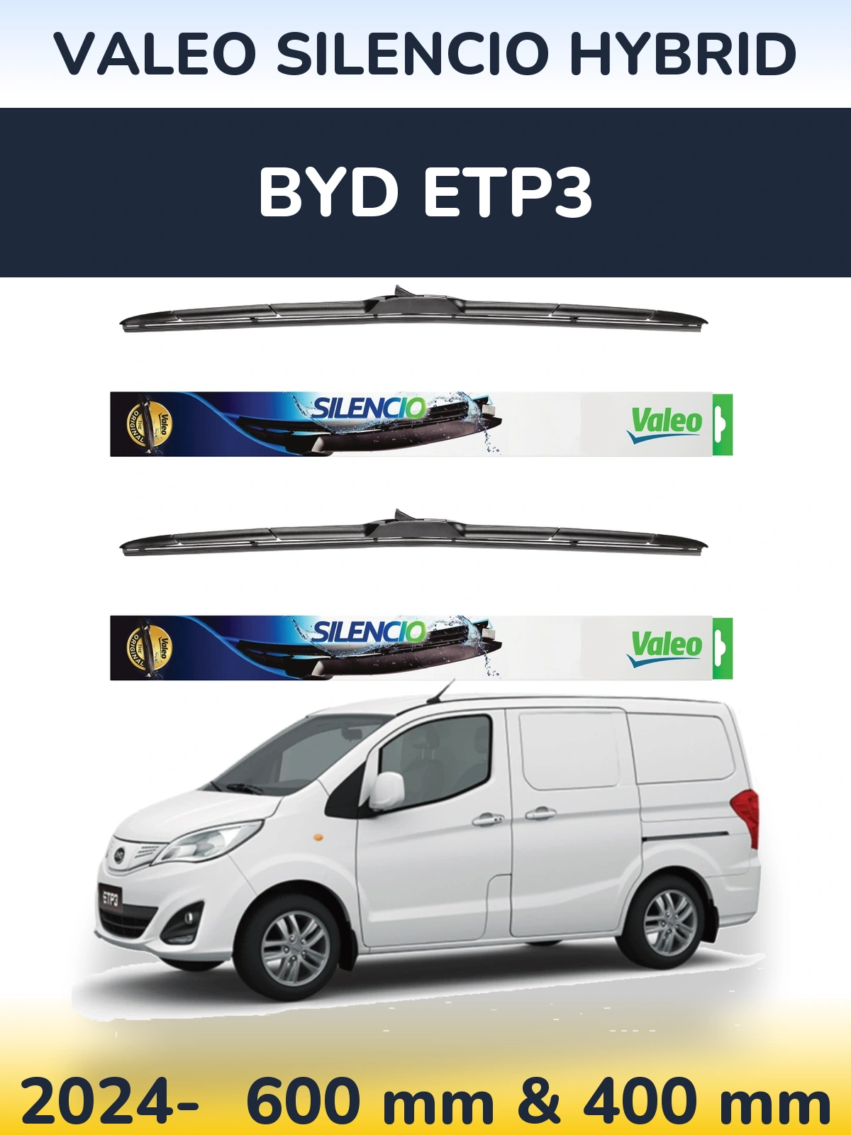 Komplet przednich wycieraczek Valeo Silencio Hybrid 600 & 400 mm do BYD ETP3 2024-2026