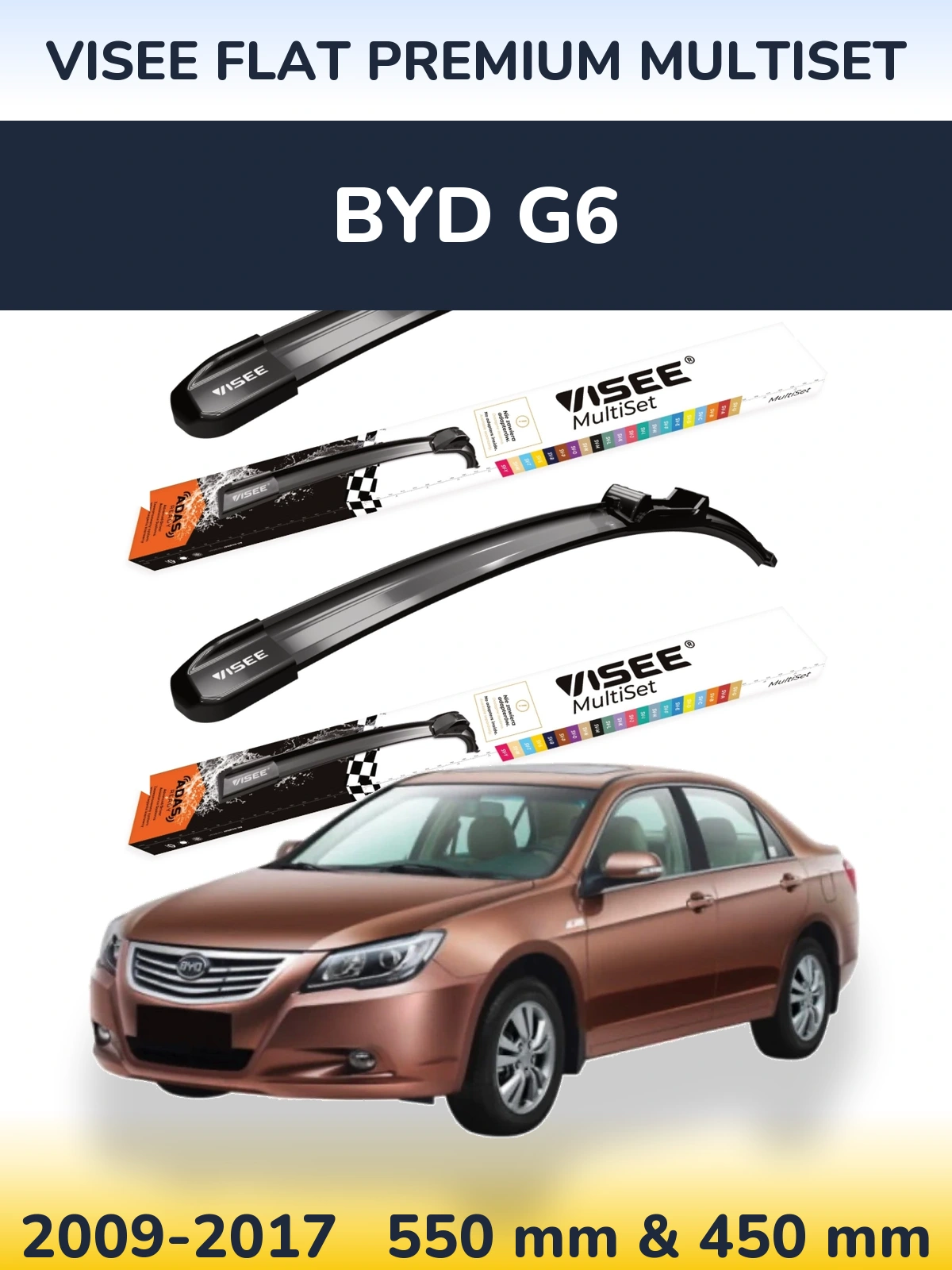 Front wiper blade set VISEE FLAT PREMIUM MultiSet 550 & 450 mm for BYD G6 2009-2017