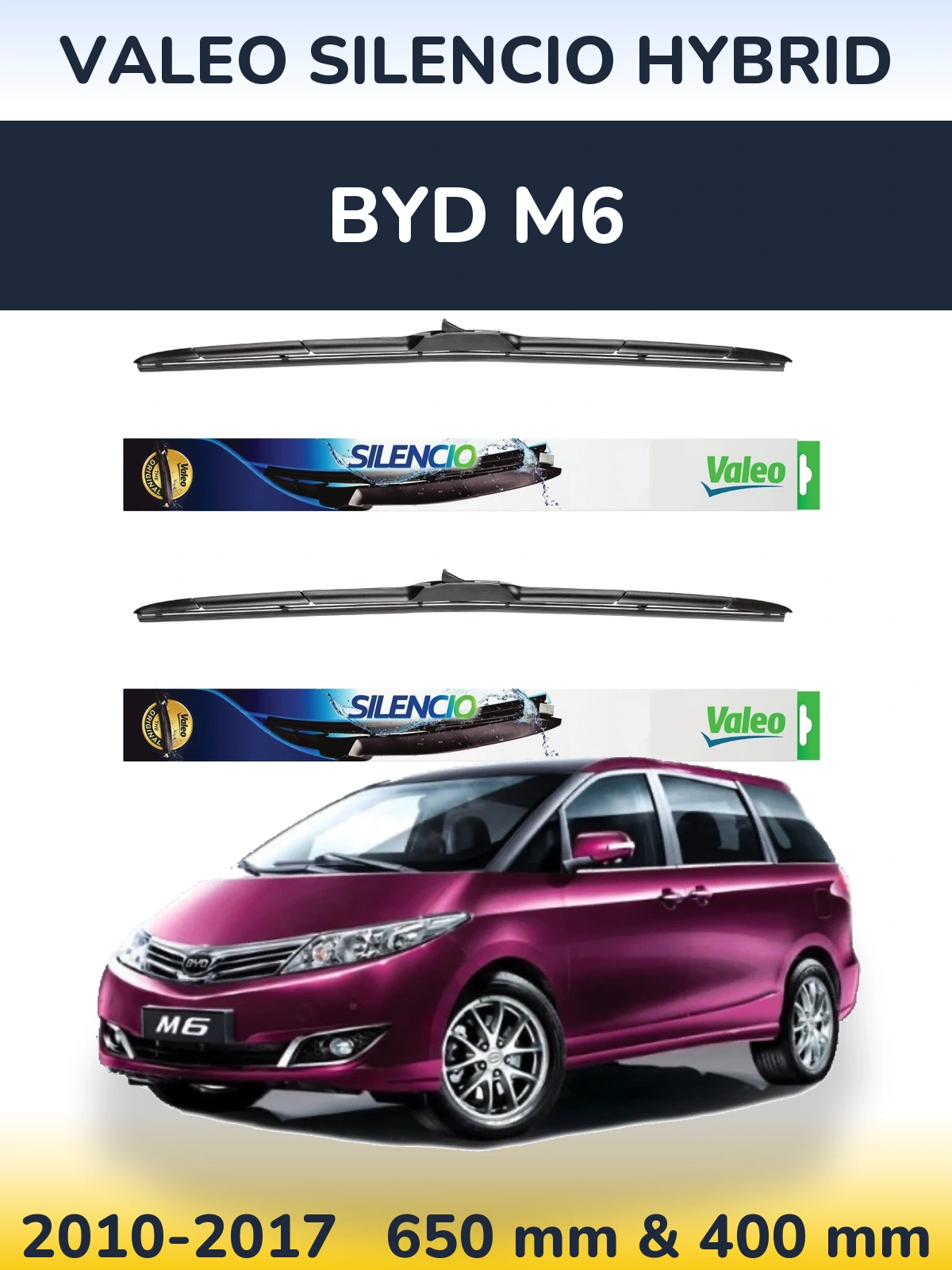 Komplet przednich wycieraczek Valeo Silencio Hybrid 650 & 400 mm do BYD M6 2010-2017