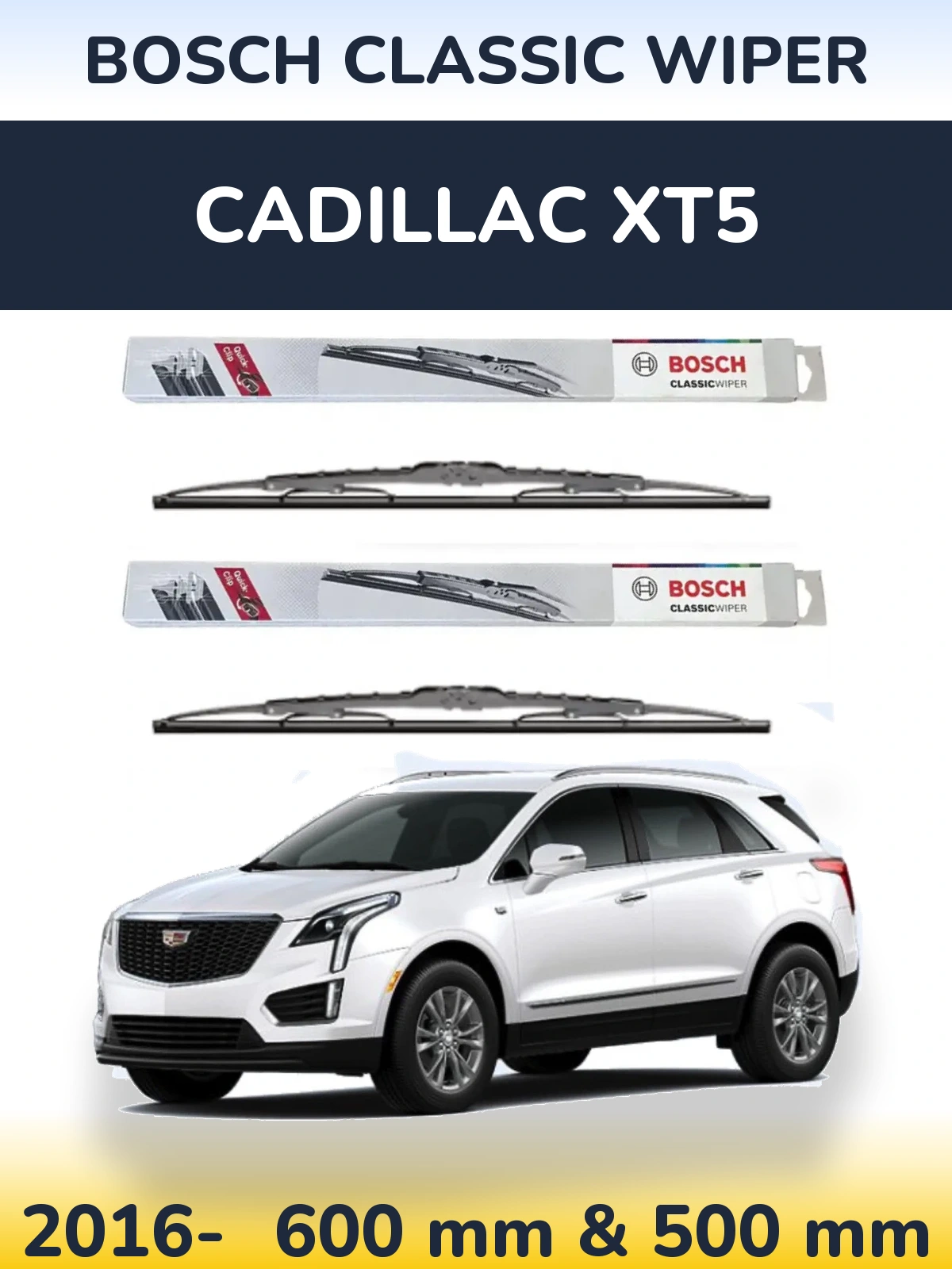 Комплект передних дворников BOSCH Classic Wiper 600 & 500 мм для Cadillac XT5 2016-2026