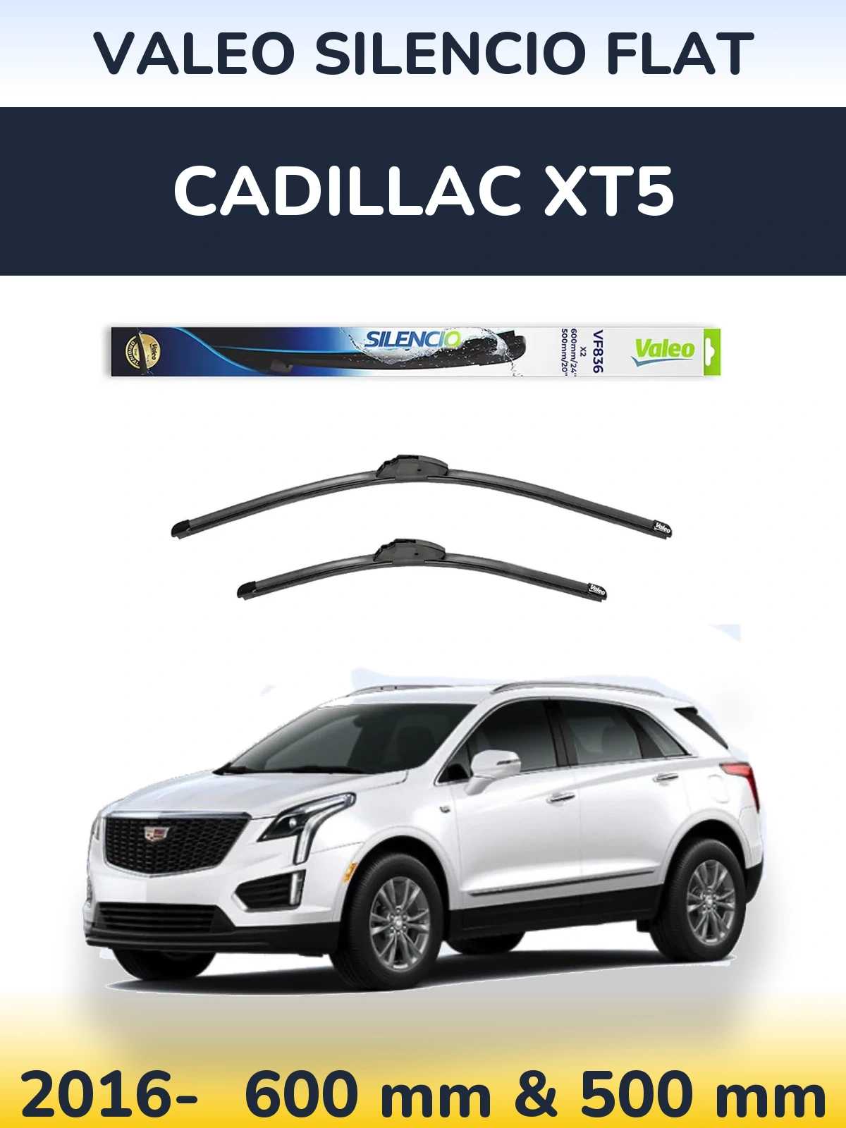 Komplet przednich wycieraczek Valeo Silencio Flat 600 & 500 mm do Cadillac XT5 2016-2026