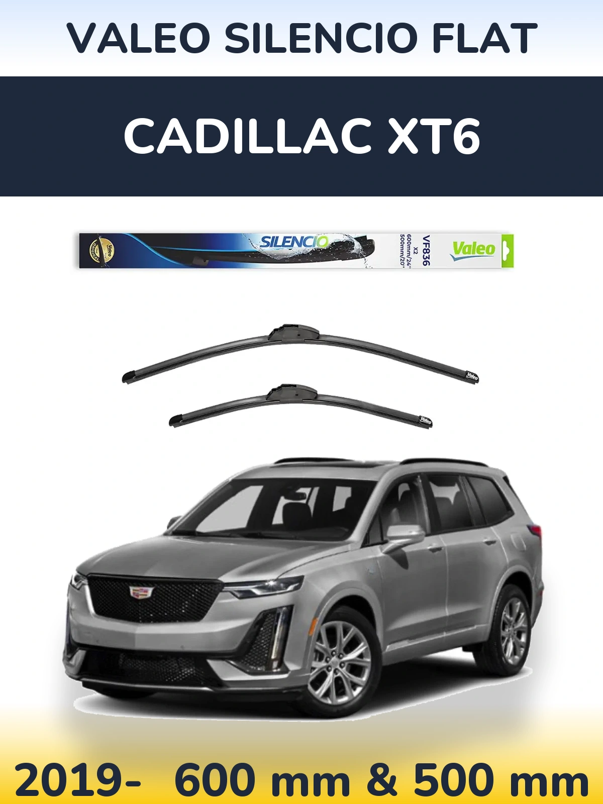 Front wiper blade set Valeo Silencio Flat 600 & 500 mm for Cadillac XT6 2019-2026