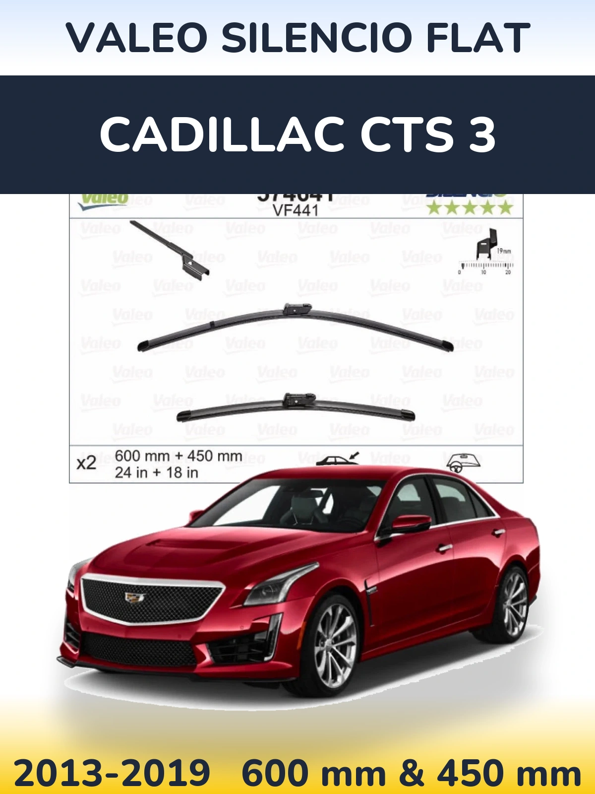 Front wiper blade set Valeo Silencio Flat 600 & 450 mm for Cadillac CTS 3 2013-2019