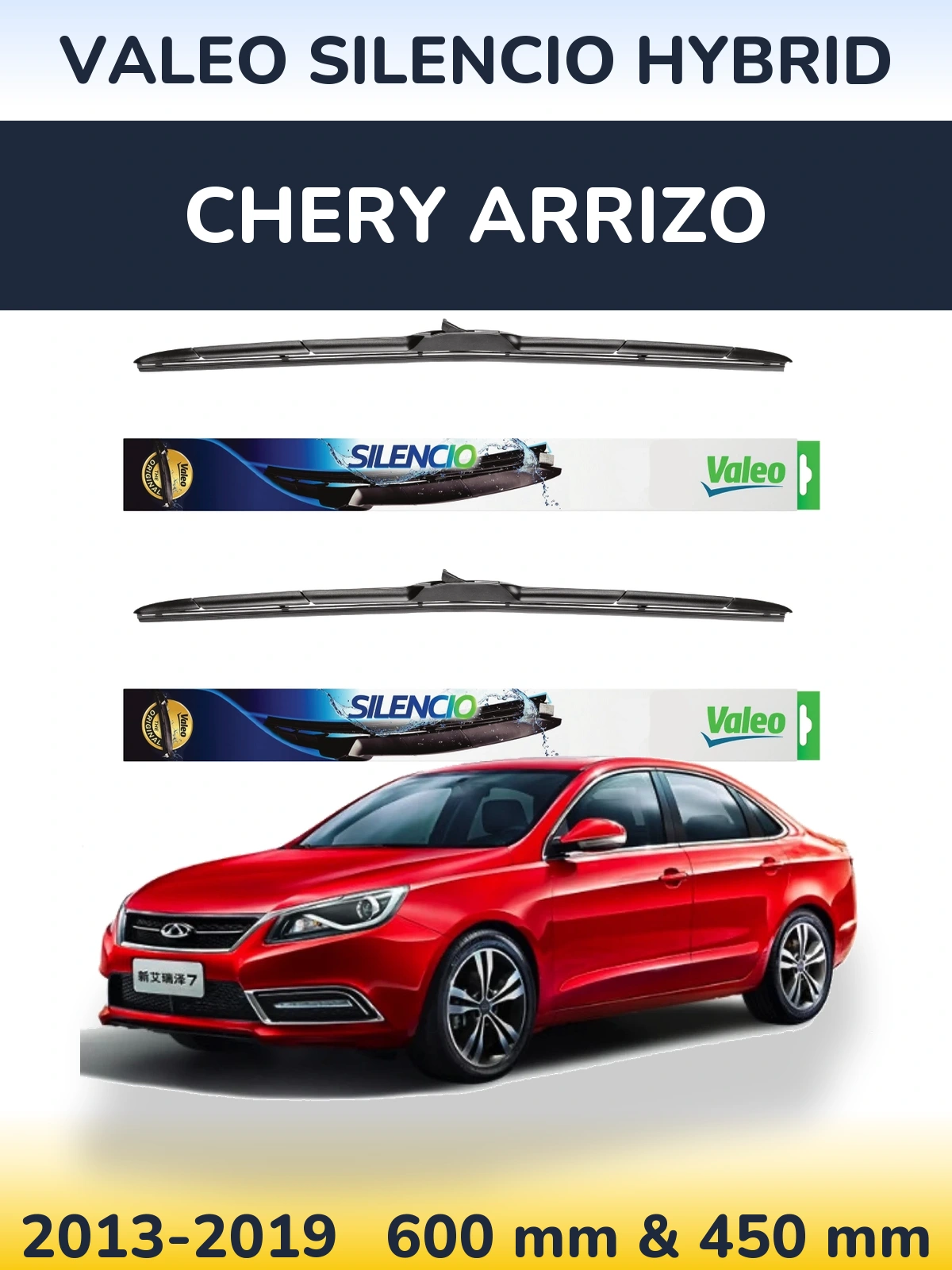 Front wiper blade set Valeo Silencio Hybrid 600 & 450 mm for Chery Arrizo 2013-2019
