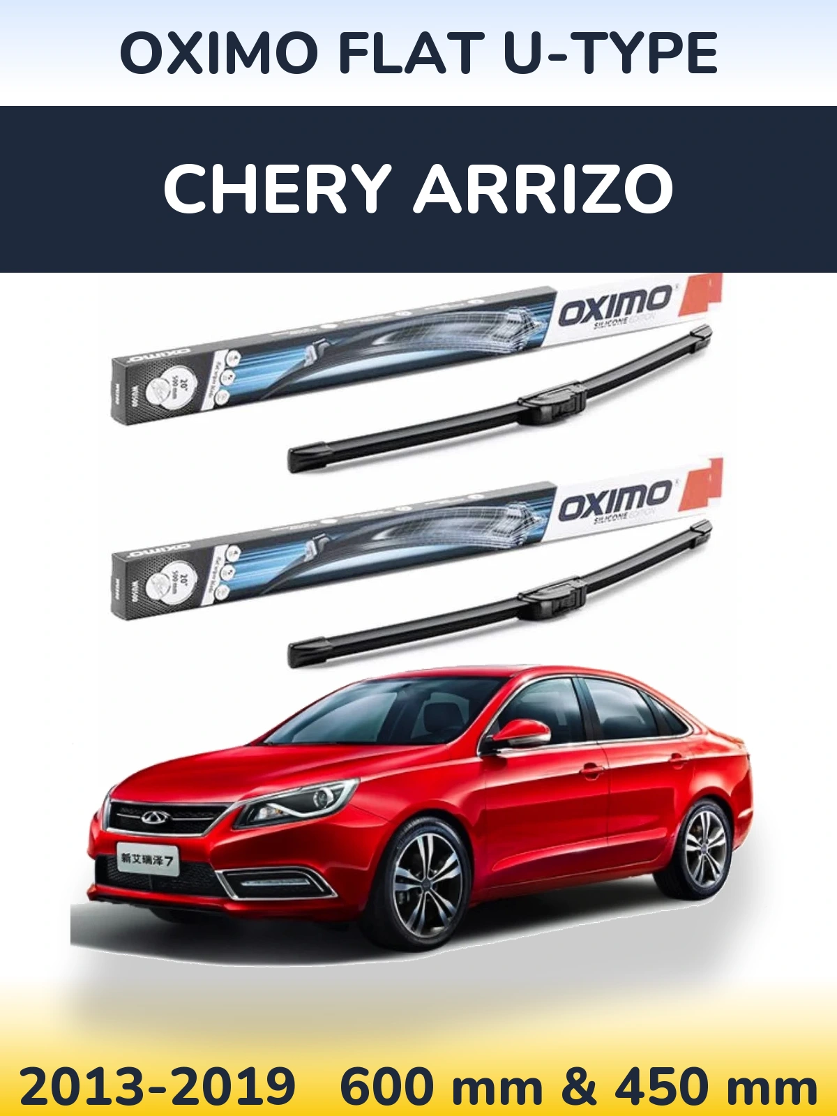 Front wiper blade set Oximo Flat U-type 600 & 450 mm for Chery Arrizo 2013-2019