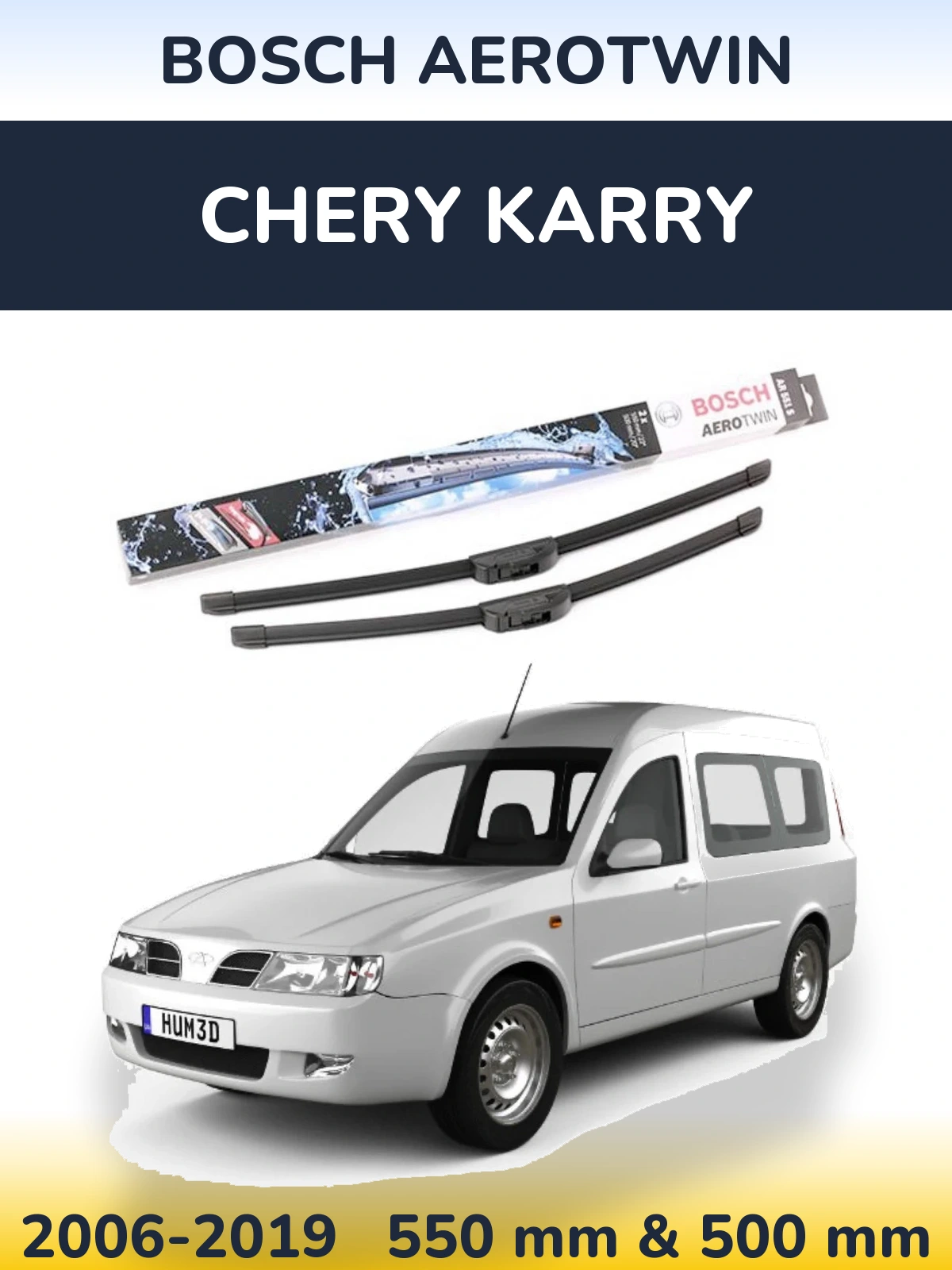 Front wiper blade set BOSCH AeroTwin 550 & 500 mm for Chery Karry 2006-2019