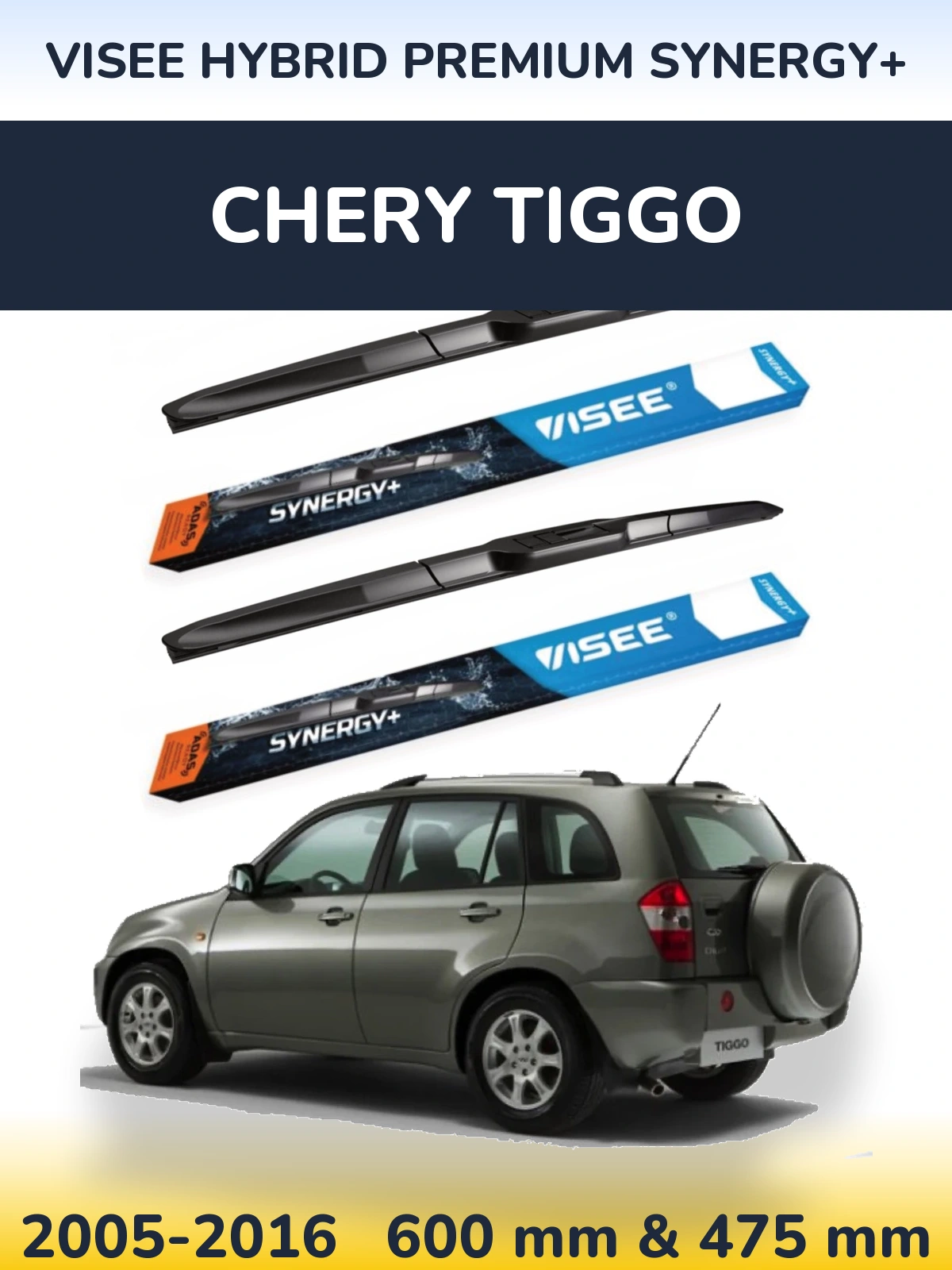 Front wiper blade set VISEE HYBRID PREMIUM SYNERGY+ 600 & 475 mm for Chery Tiggo 2005-2016