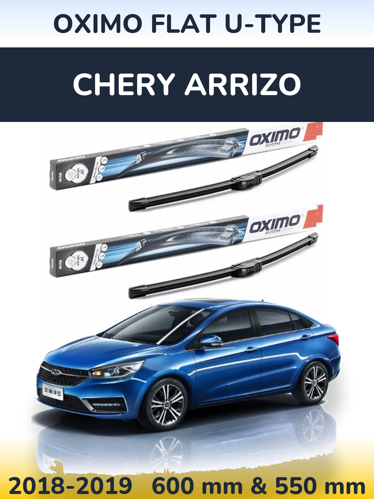 Front wiper blade set Oximo Flat U-type 600 & 550 mm for Chery Arrizo 2018-2019