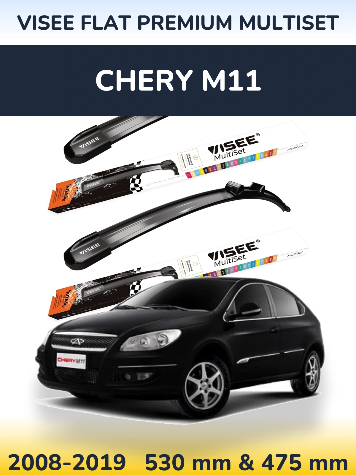 Komplet przednich wycieraczek VISEE FLAT PREMIUM MultiSet 530 & 475 mm do Chery M11 2008-2019