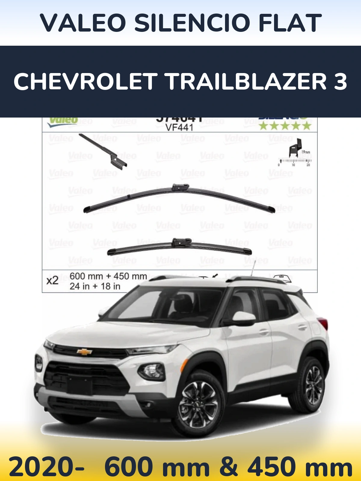 Komplet przednich wycieraczek Valeo Silencio Flat 600 & 450 mm do Chevrolet TrailBlazer 3 2020-2026