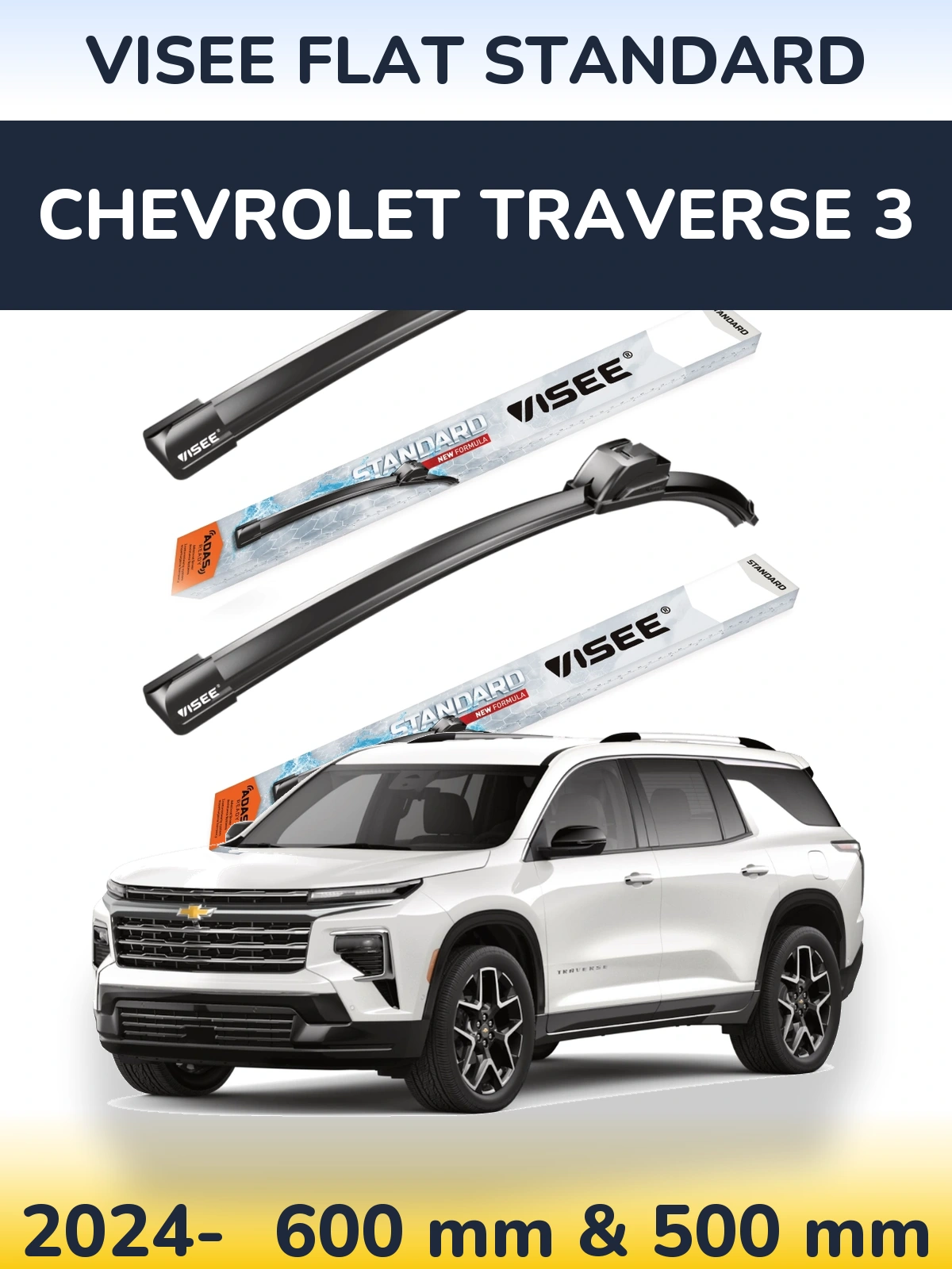 Komplet przednich wycieraczek VISEE FLAT STANDARD 600 & 500 mm do Chevrolet Traverse 3 2024-2026