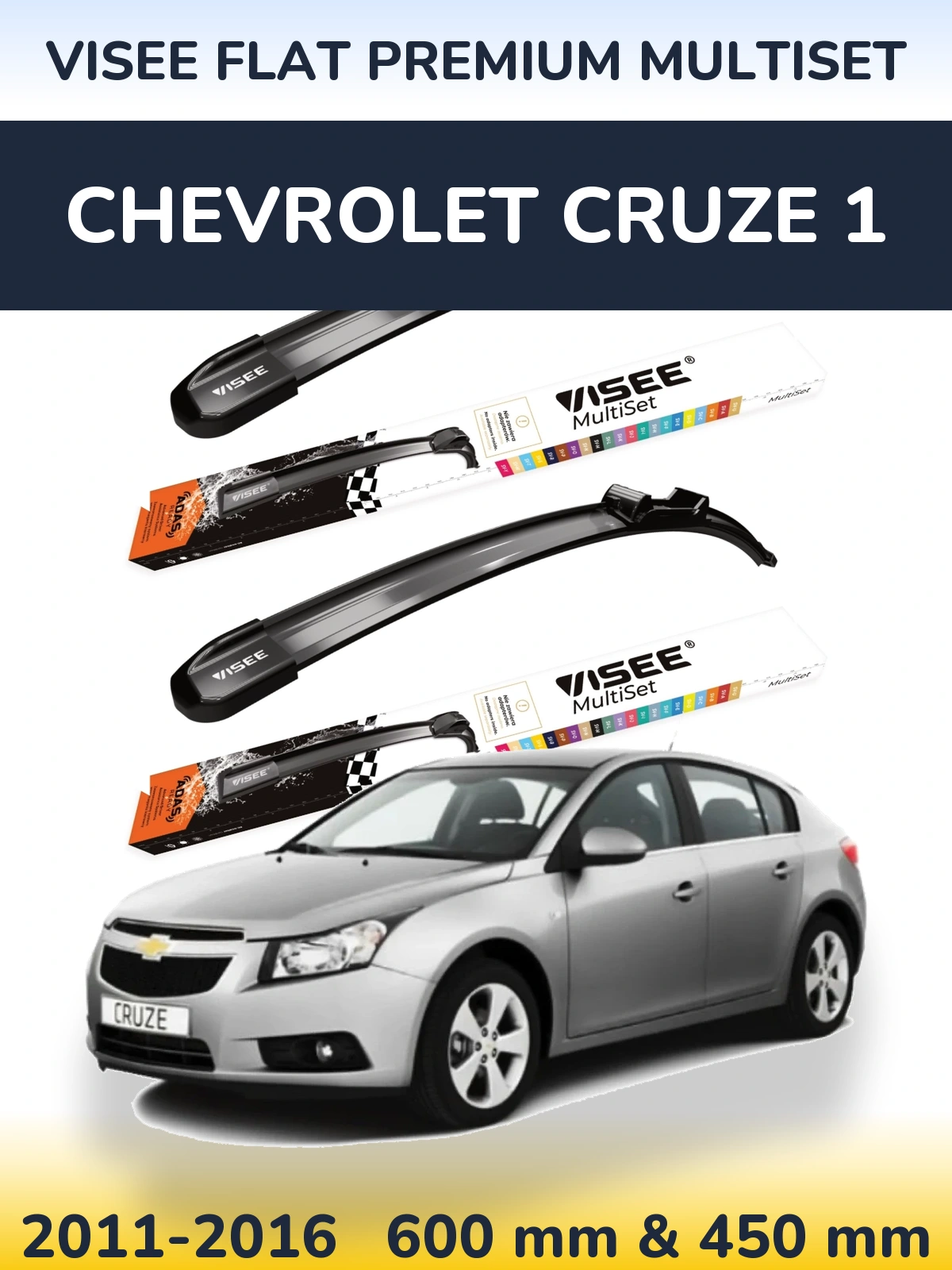 Front wiper blade set VISEE FLAT PREMIUM MultiSet 600 & 450 mm for Chevrolet Cruze 1 2011-2016