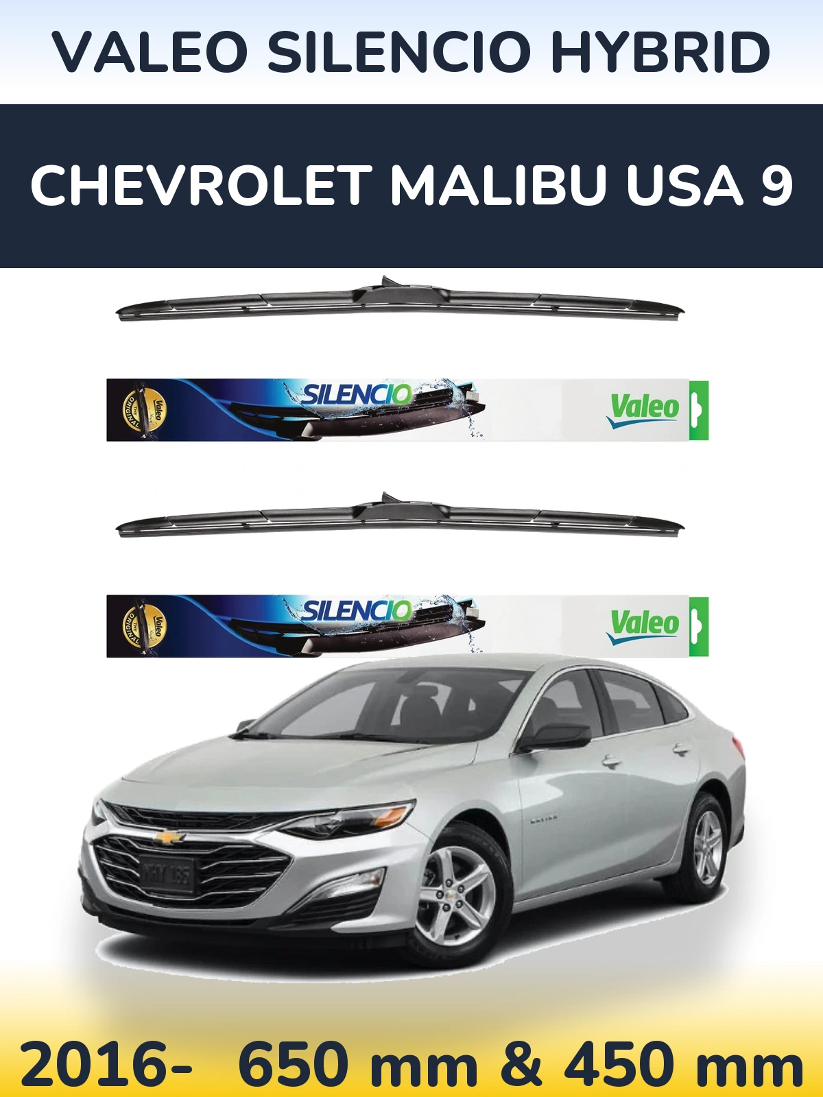 Комплект передніх щіток Valeo Silencio Hybrid 650 & 450 мм для Chevrolet Malibu USA 9 2016-2026