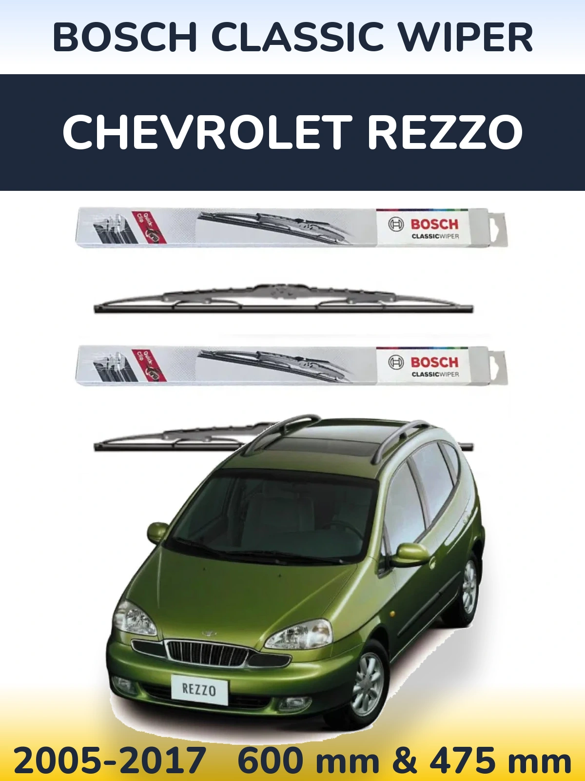 Комплект передних дворников BOSCH Classic Wiper 600 & 475 мм для Chevrolet Rezzo 2005-2017