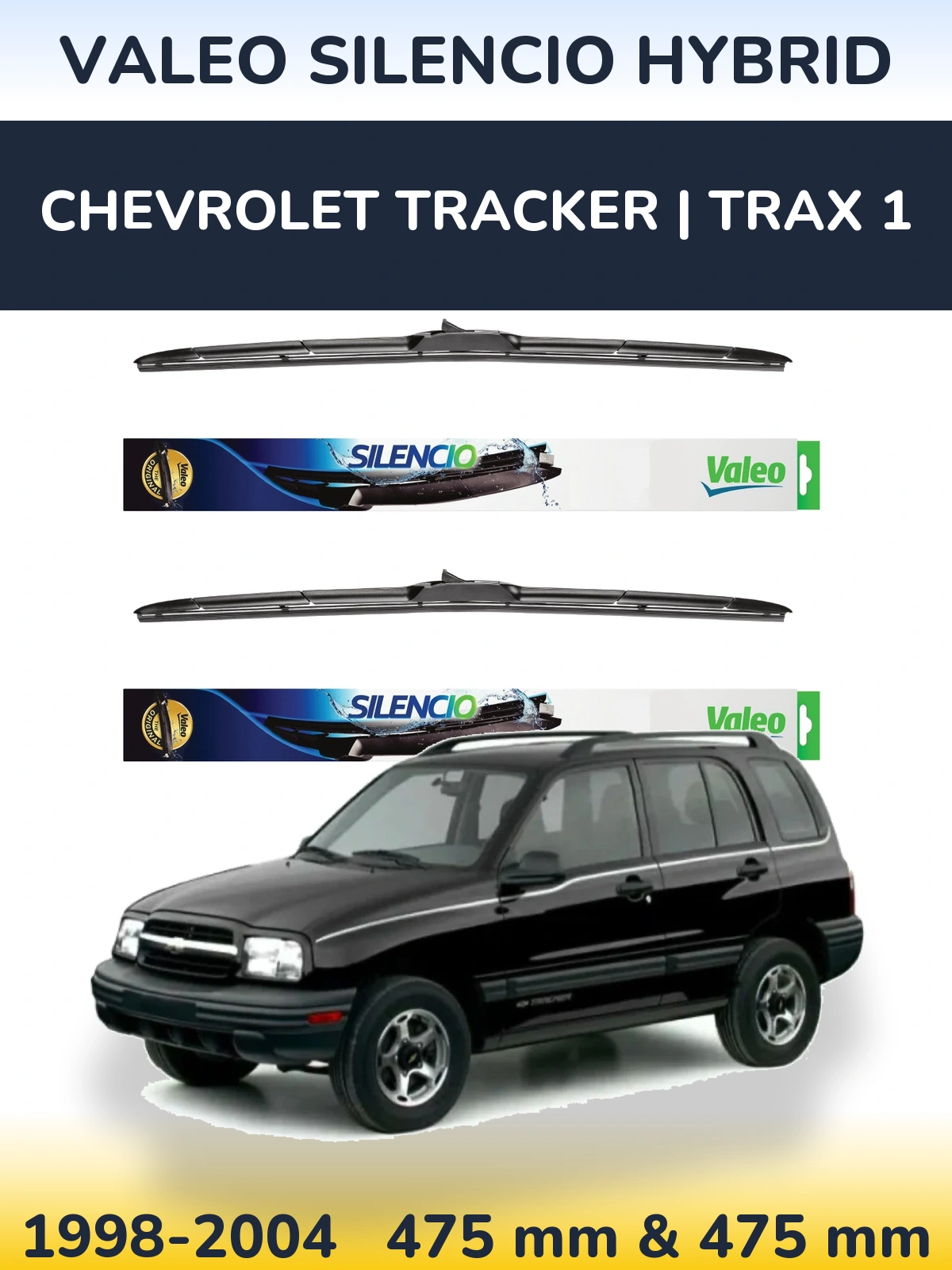 Front wiper blade set Valeo Silencio Hybrid 475 & 475 mm for Chevrolet Tracker | Trax 1 1998-2004