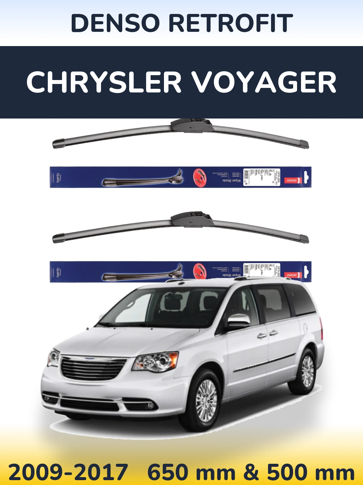 Front wiper blade set Denso Retrofit 650 & 500 mm for Chrysler Voyager 2009-2017