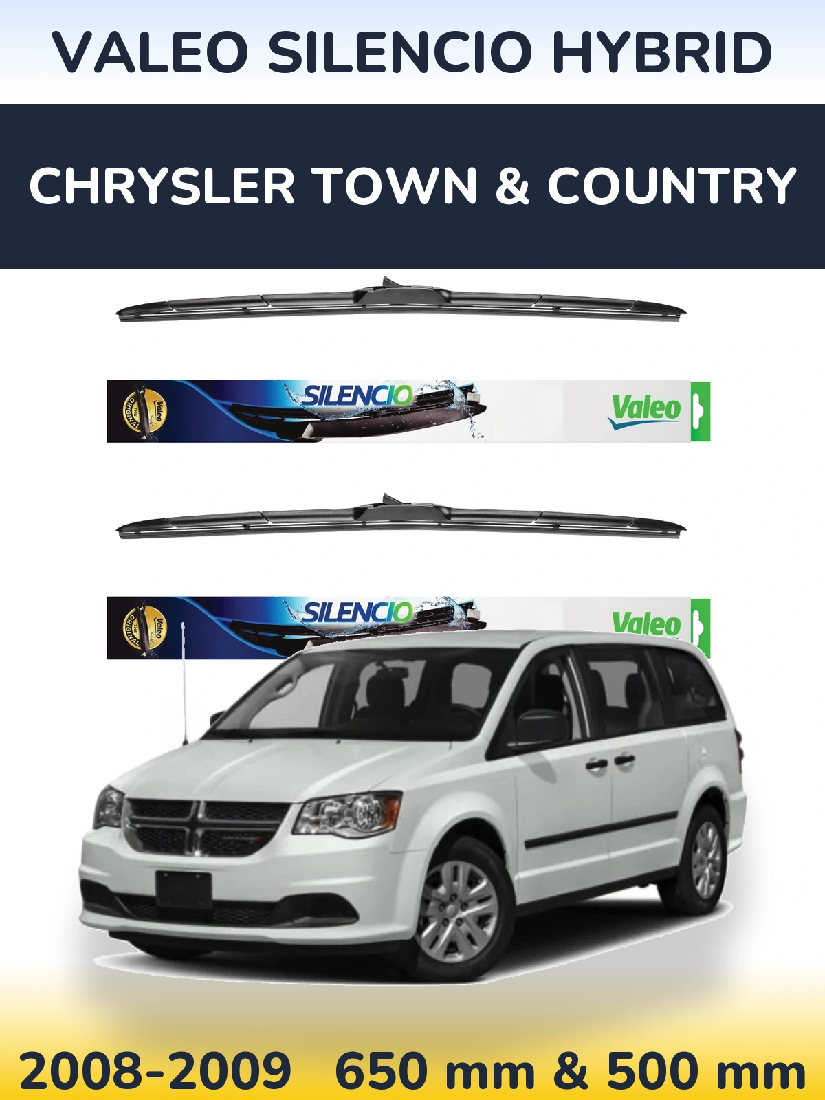 Komplet przednich wycieraczek Valeo Silencio Hybrid 650 & 500 mm do Chrysler Town & Country 2008-2009