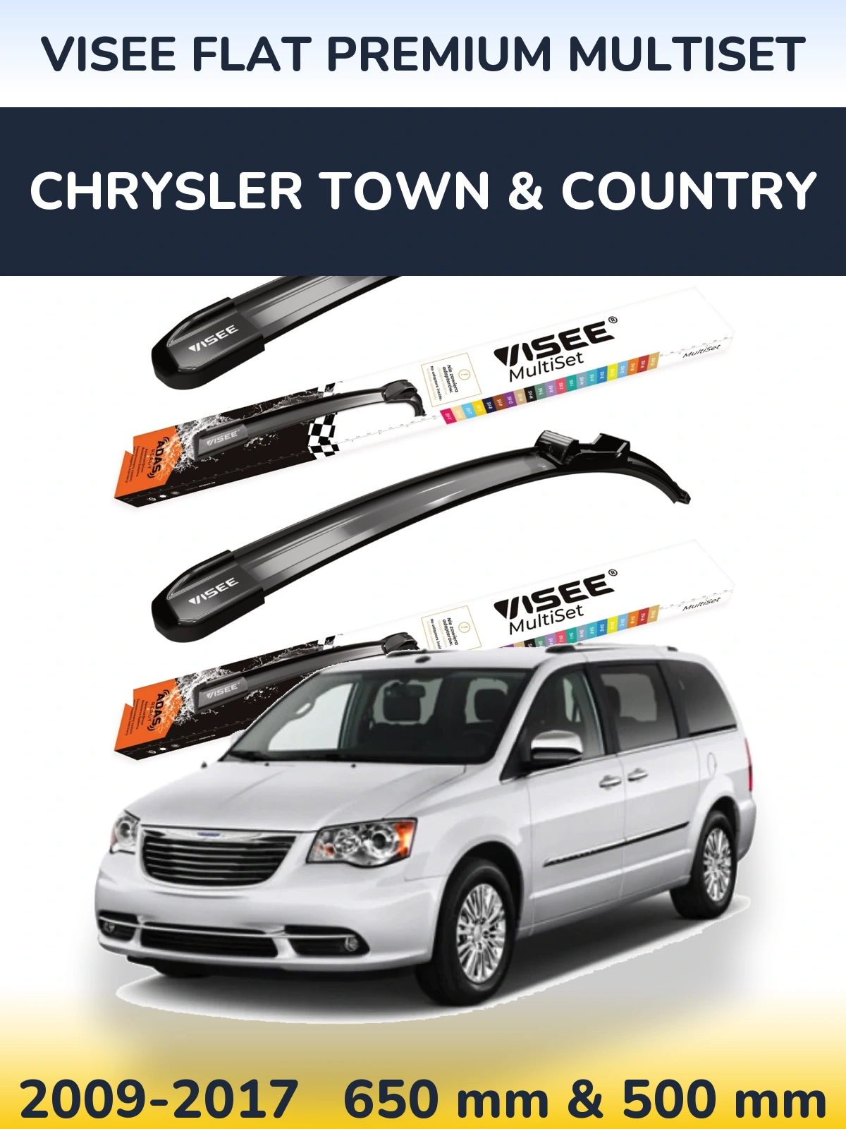 Комплект передних дворников VISEE FLAT PREMIUM MultiSet 650 & 500 мм для Chrysler Town & Country 2009-2017