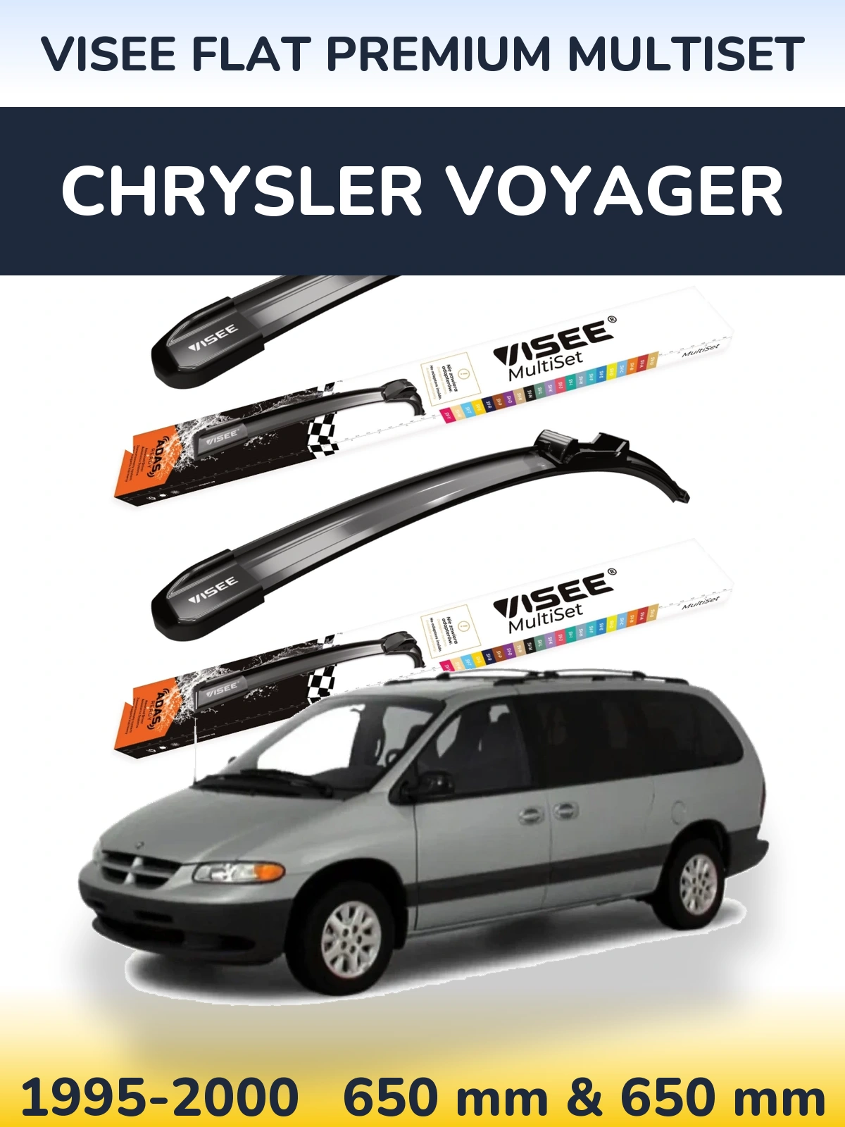 Front wiper blade set VISEE FLAT PREMIUM MultiSet 650 & 650 mm for Chrysler Voyager 1995-2000