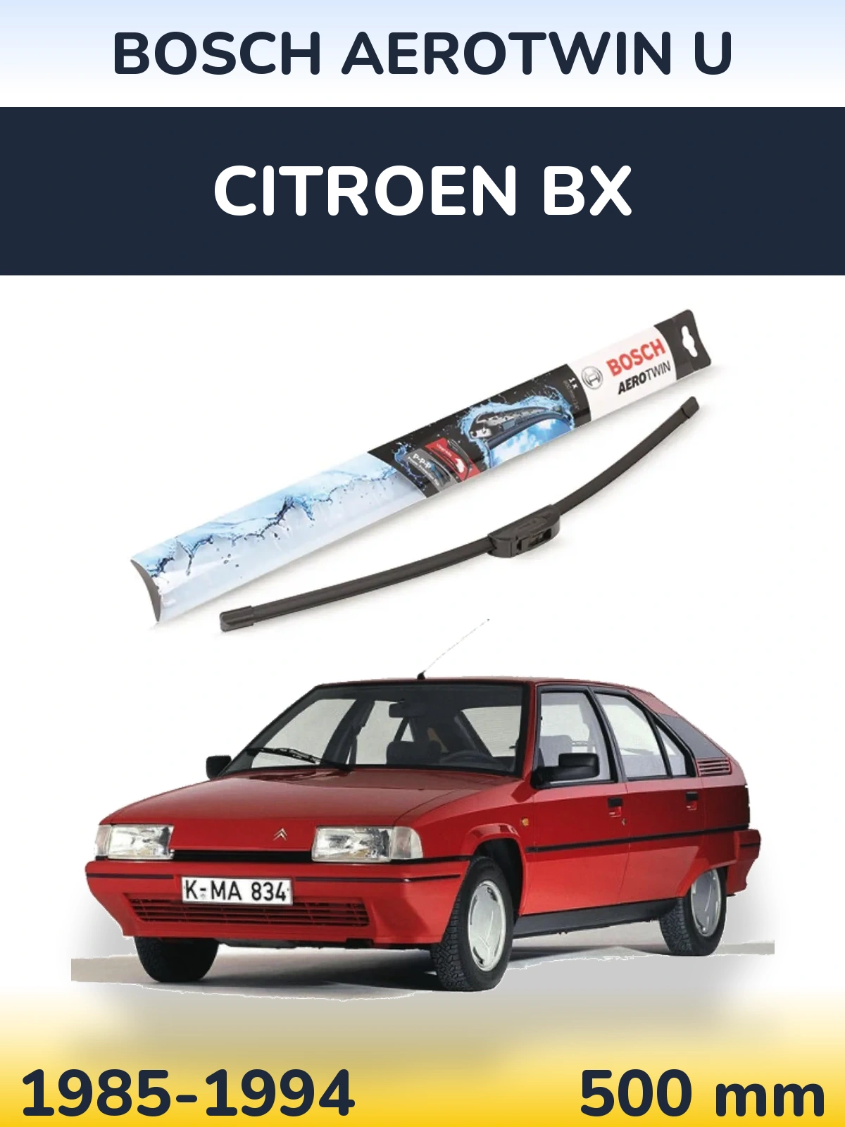 Front wiper blade BOSCH AeroTwin U 500 mm for Citroen BX 1985-1994