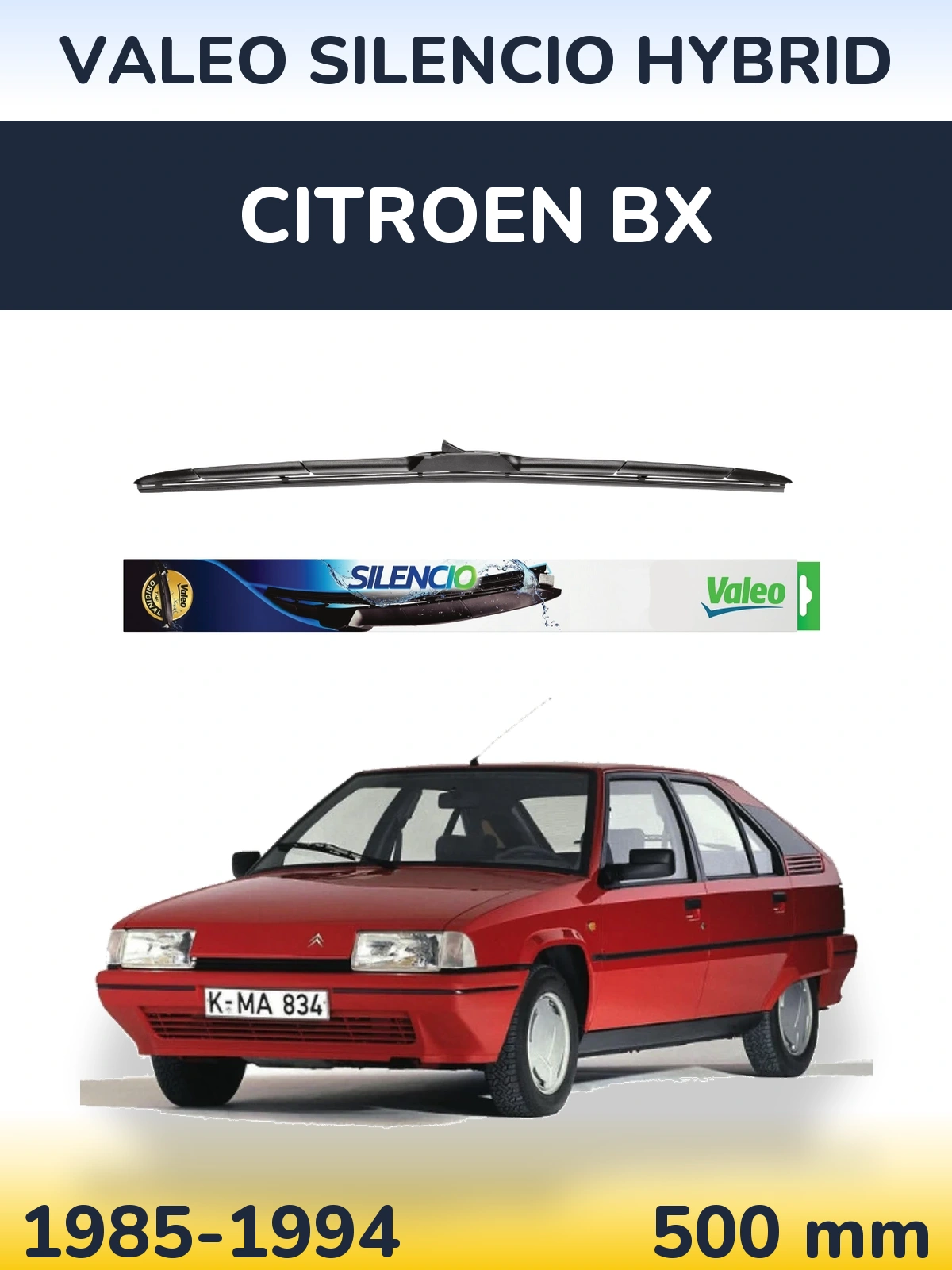 Front wiper blade Valeo Silencio Hybrid 500 mm for Citroen BX 1985-1994