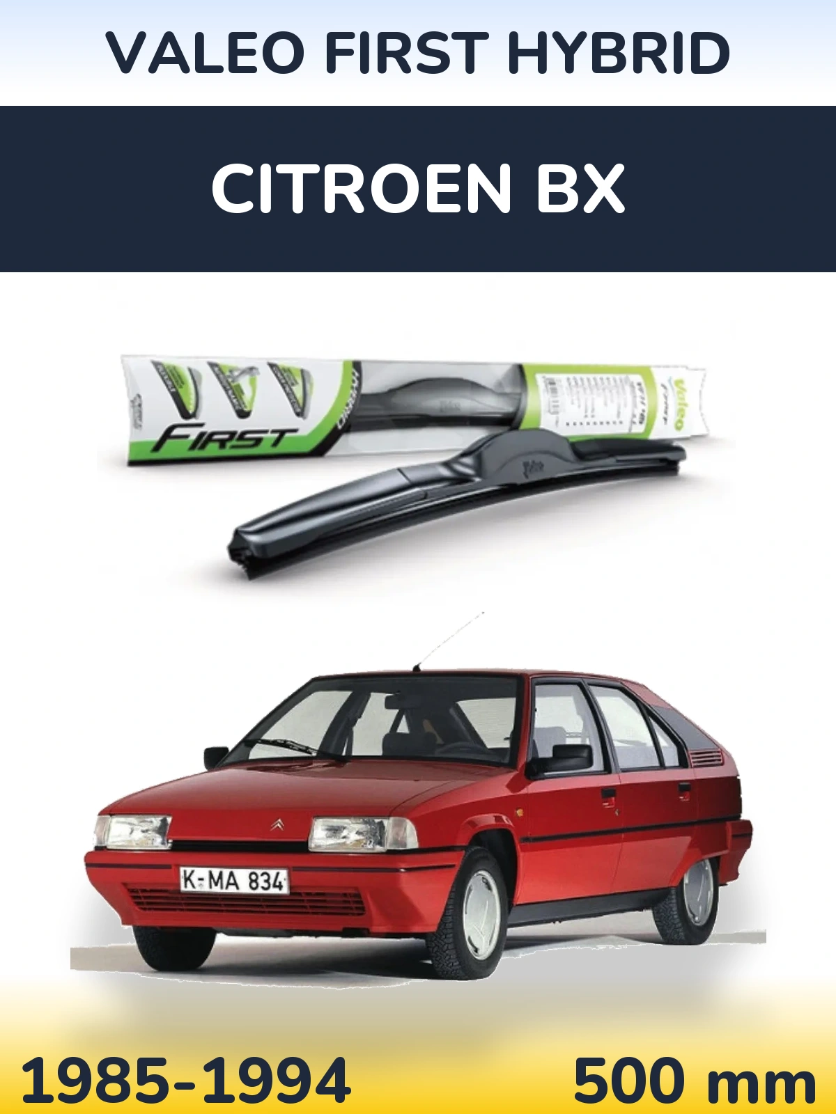 Front wiper blade Valeo First Hybrid 500 mm for Citroen BX 1985-1994
