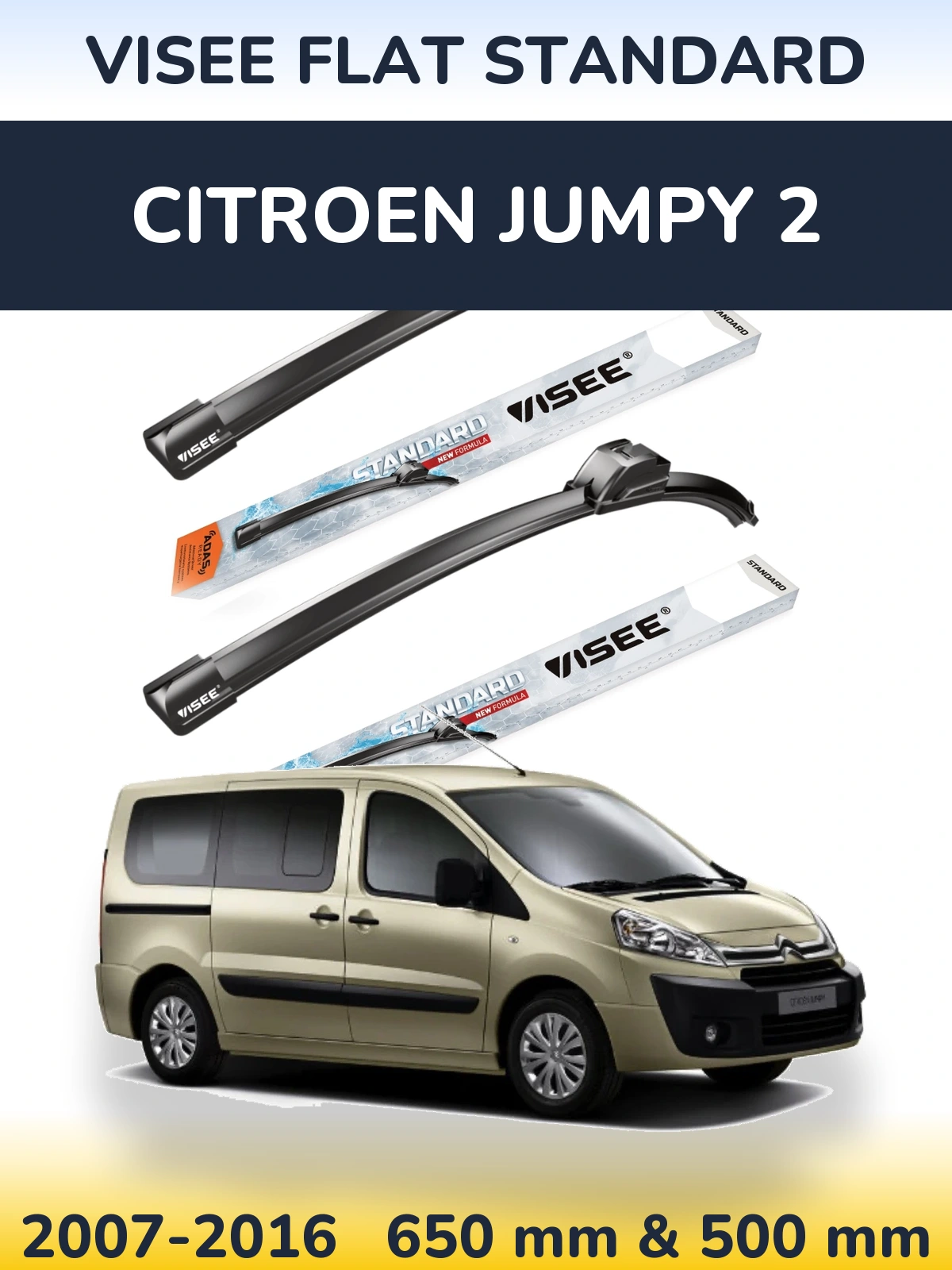 Komplet przednich wycieraczek VISEE FLAT STANDARD 650 & 500 mm do Citroen Jumpy 2 2007-2016