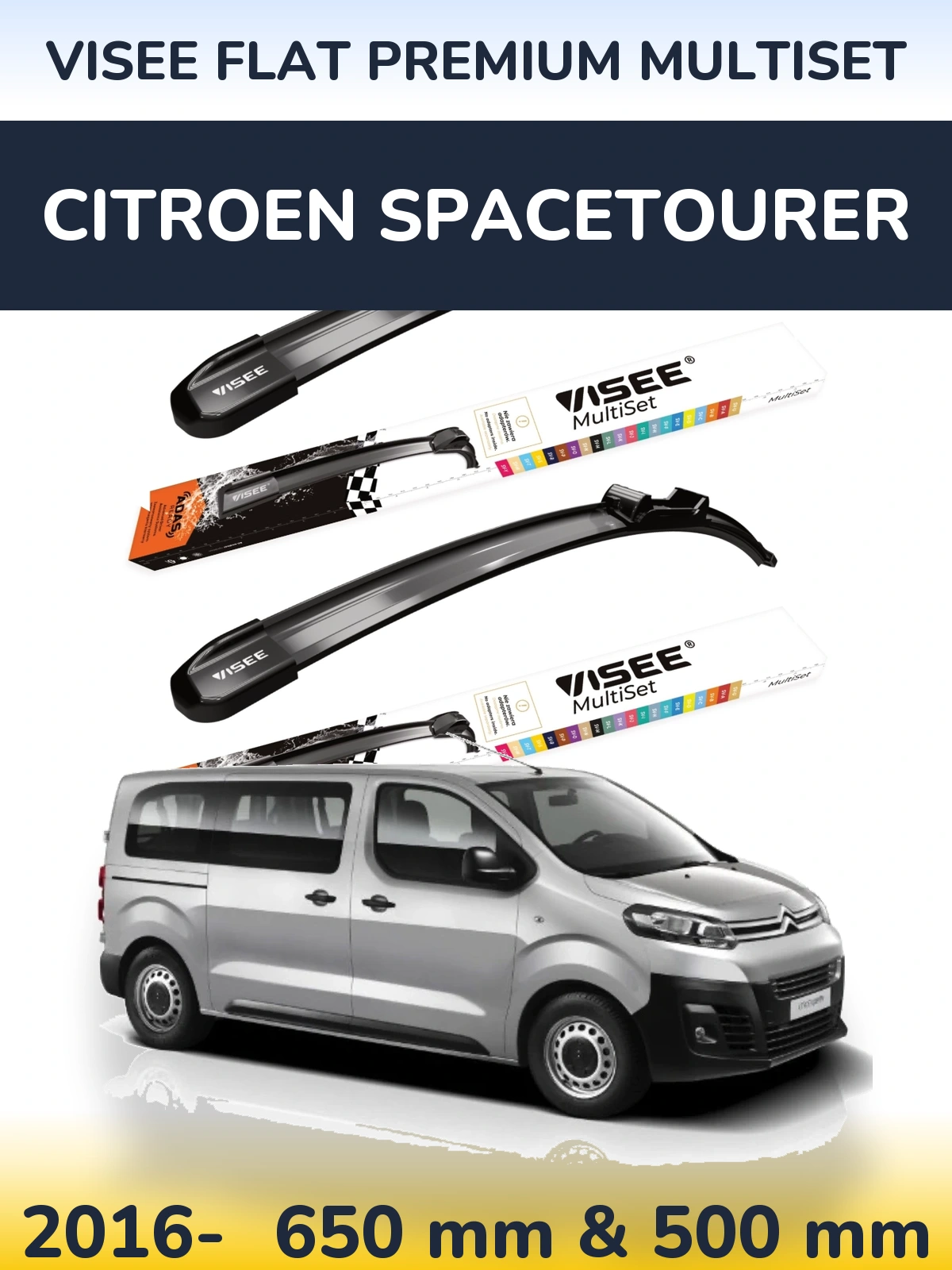 Front wiper blade set VISEE FLAT PREMIUM MultiSet 650 & 500 mm for Citroen SpaceTourer 2016-2026