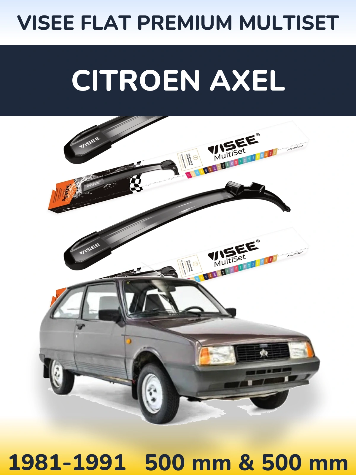 Комплект передних дворников VISEE FLAT PREMIUM MultiSet 500 & 500 мм для Citroen Axel 1981-1991