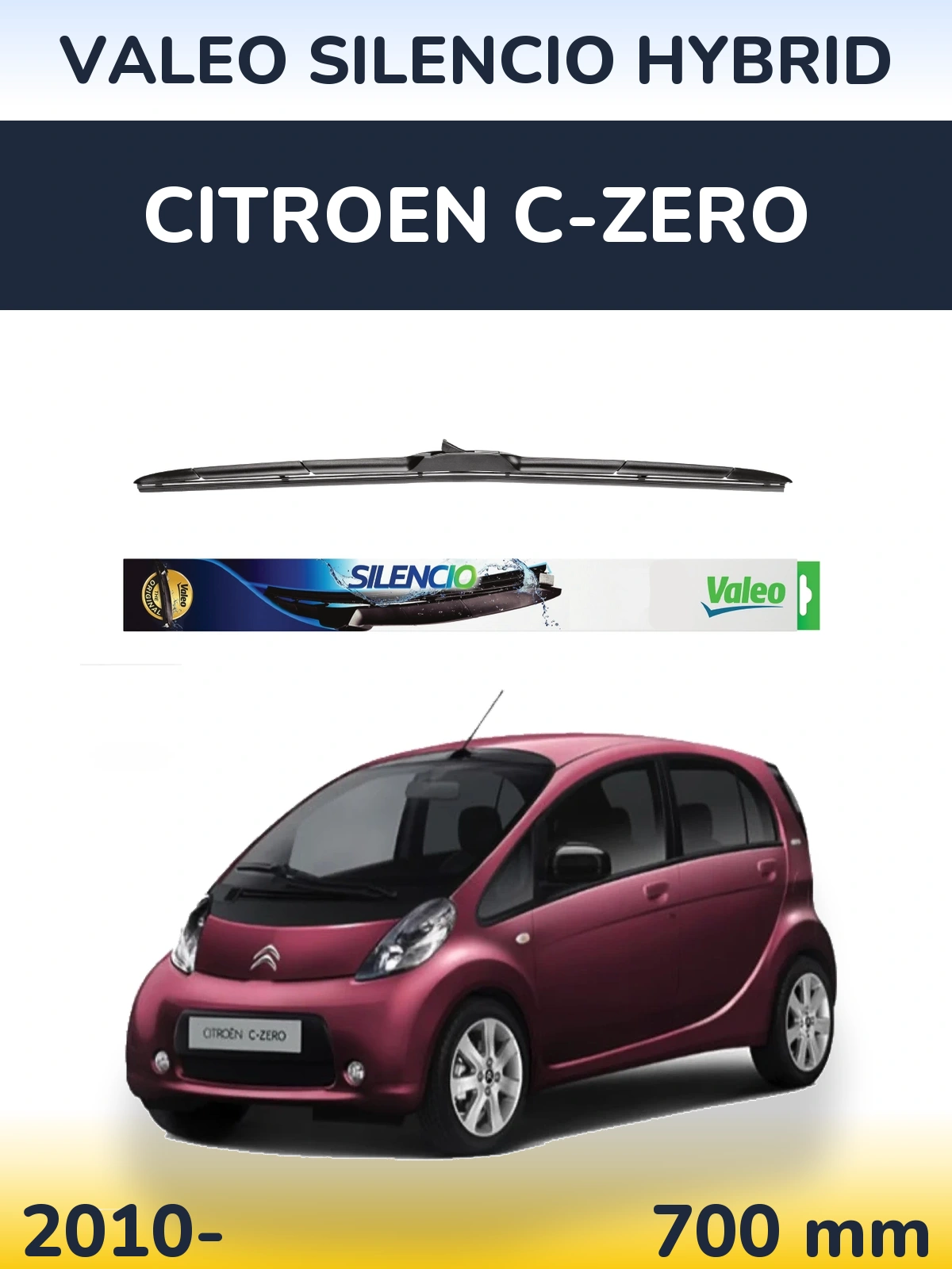 Front wiper blade Valeo Silencio Hybrid 700 mm for Citroen C-Zero 2010-2026