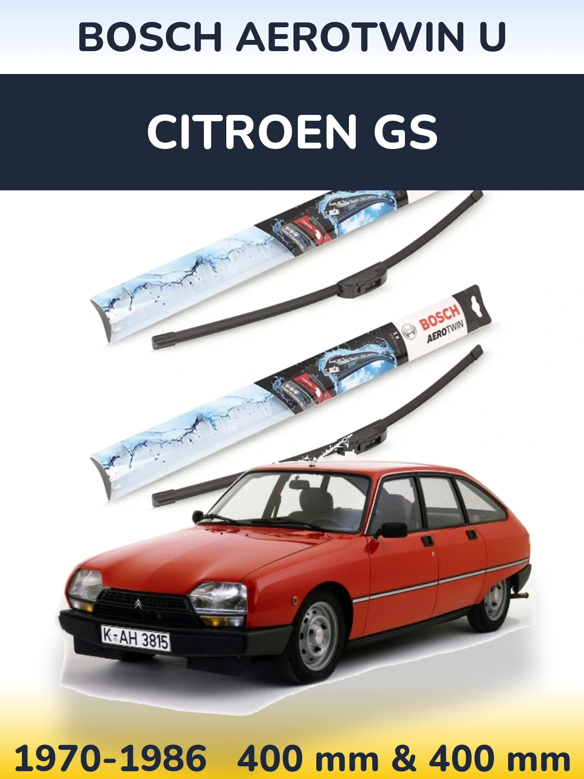 Front wiper blade set BOSCH AeroTwin U 400 & 400 mm for Citroen GS 1970-1986