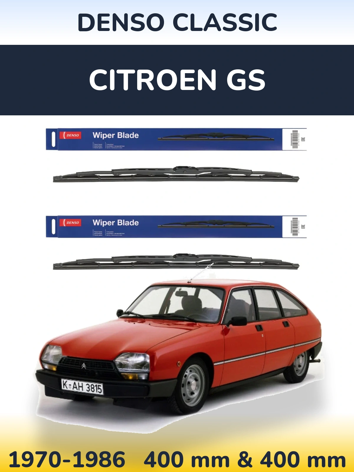 Front wiper blade set Denso Classic 400 & 400 mm for Citroen GS 1970-1986